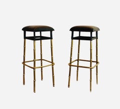 1950s Jacques Adnet Pair of Black Leather Bar Stools Bamboo Style