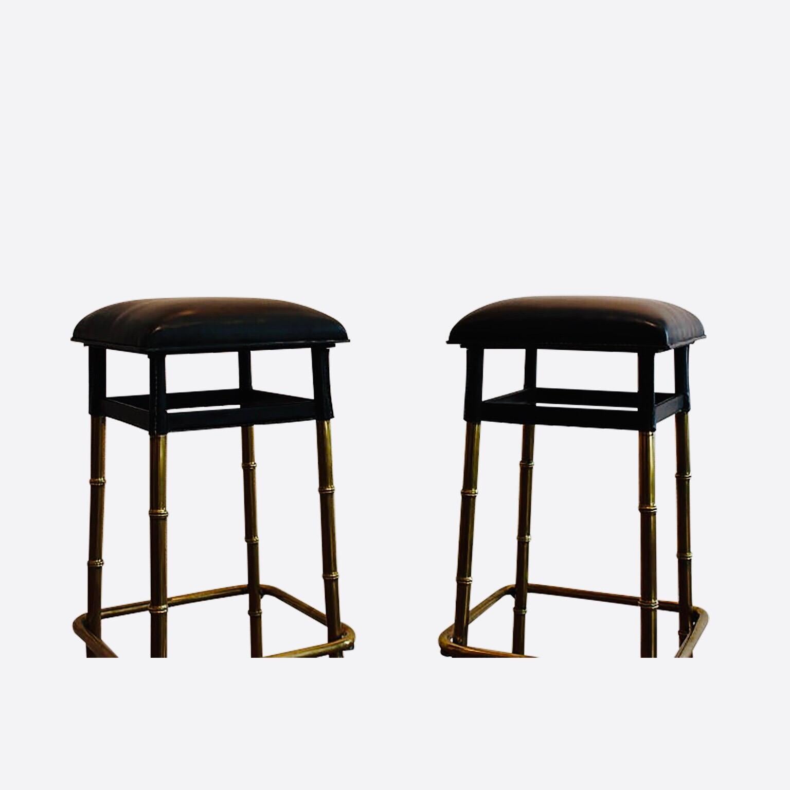 French 1950s Jacques Adnet Pair of Black Leather Bar Stools Bamboo Style For Sale