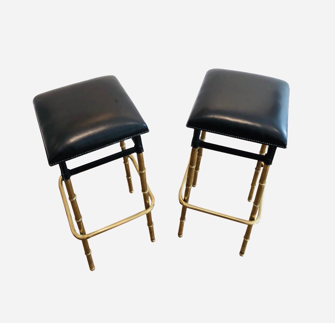 Mid-20th Century 1950s Jacques Adnet Pair of Black Leather Bar Stools Bamboo Style For Sale