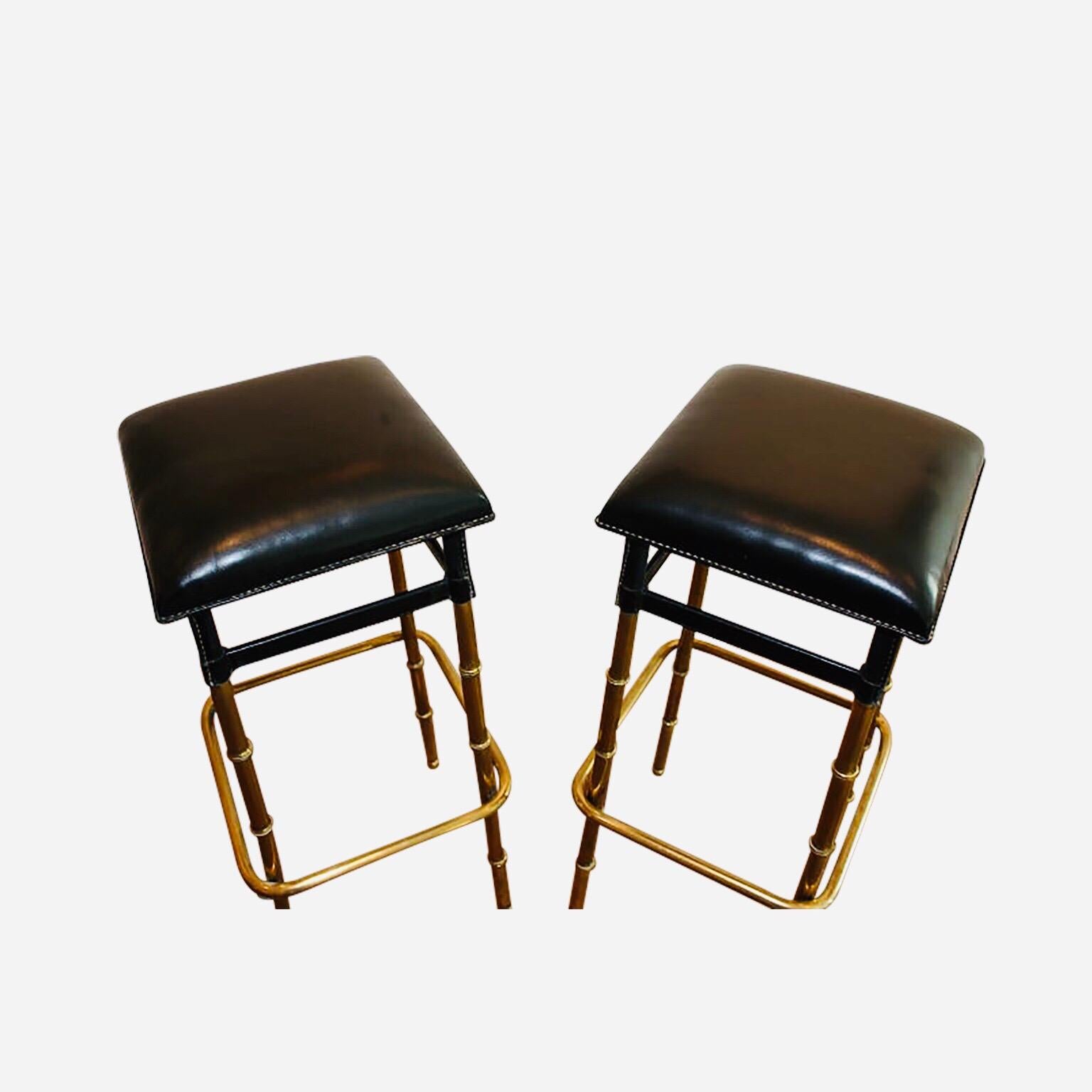 Brass 1950s Jacques Adnet Pair of Black Leather Bar Stools Bamboo Style For Sale