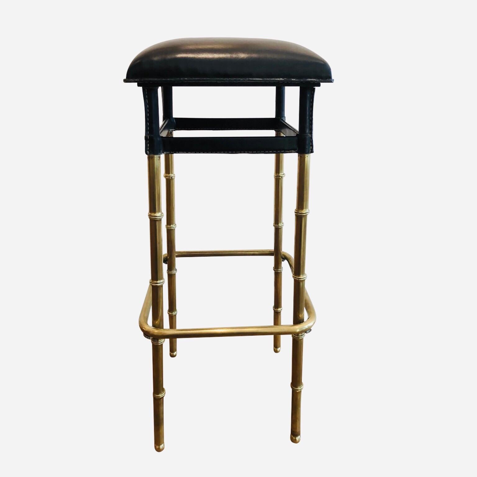 1950s Jacques Adnet Pair of Black Leather Bar Stools Bamboo Style For Sale 1