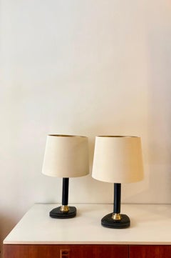 1950er Jacques Adnet Tischlampen aus marineblauem Leder und Bronze