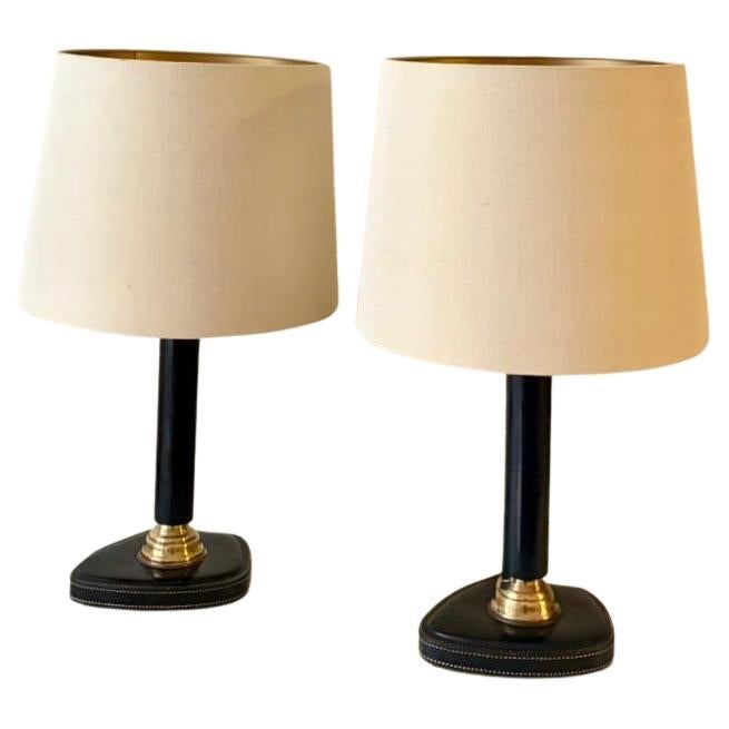 1950s Jacques Adnet Table Lamps in Navy Blue Leather 
Bronze For Sale
