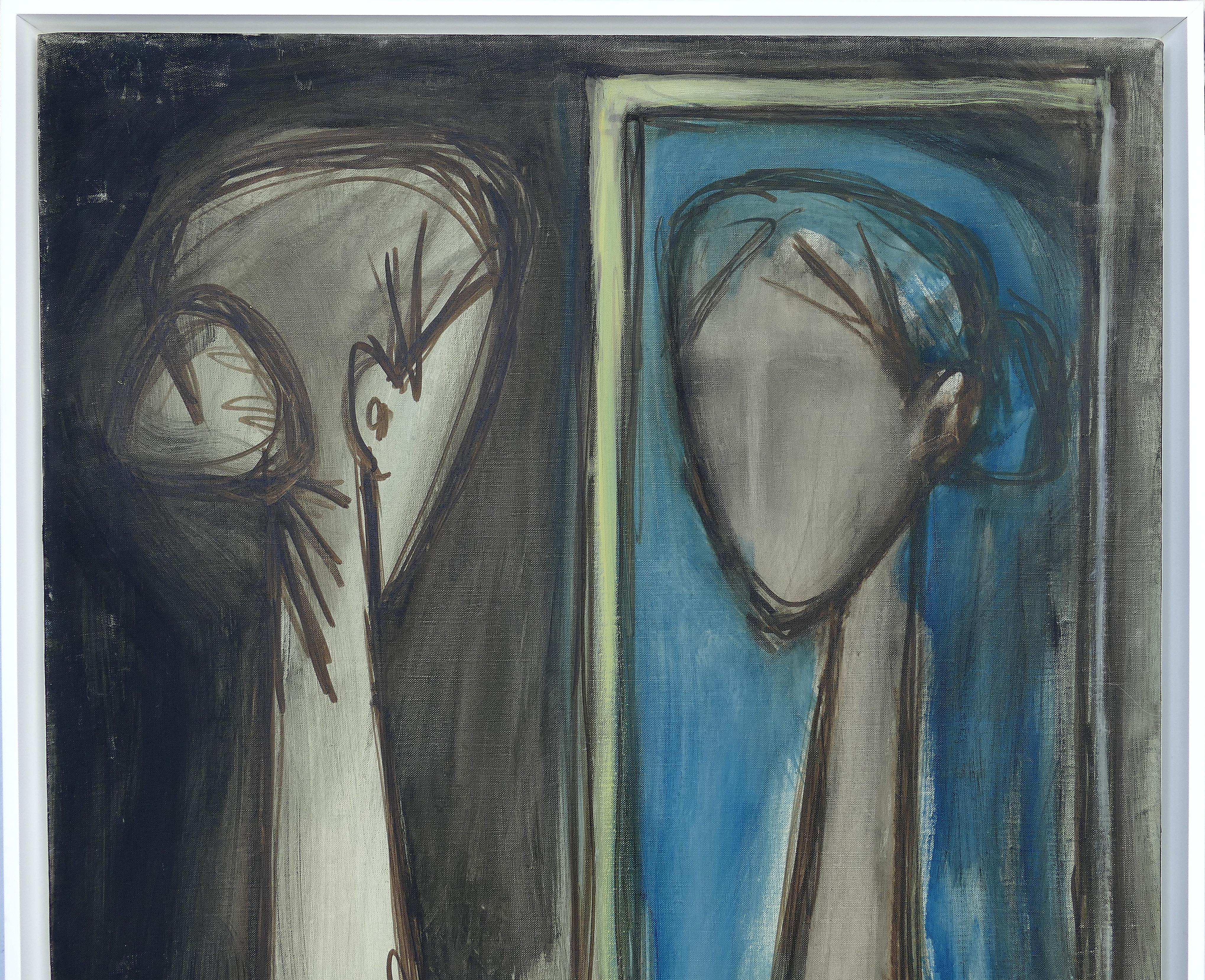 1950s Jacques Dunham modernist portrait painting of a woman looking in a mirror

Offered for sale is an impressive vintage 1950s Jacques Dunham modernist double portrait painting. The painting depicts a stylized woman with an elongated neck as she