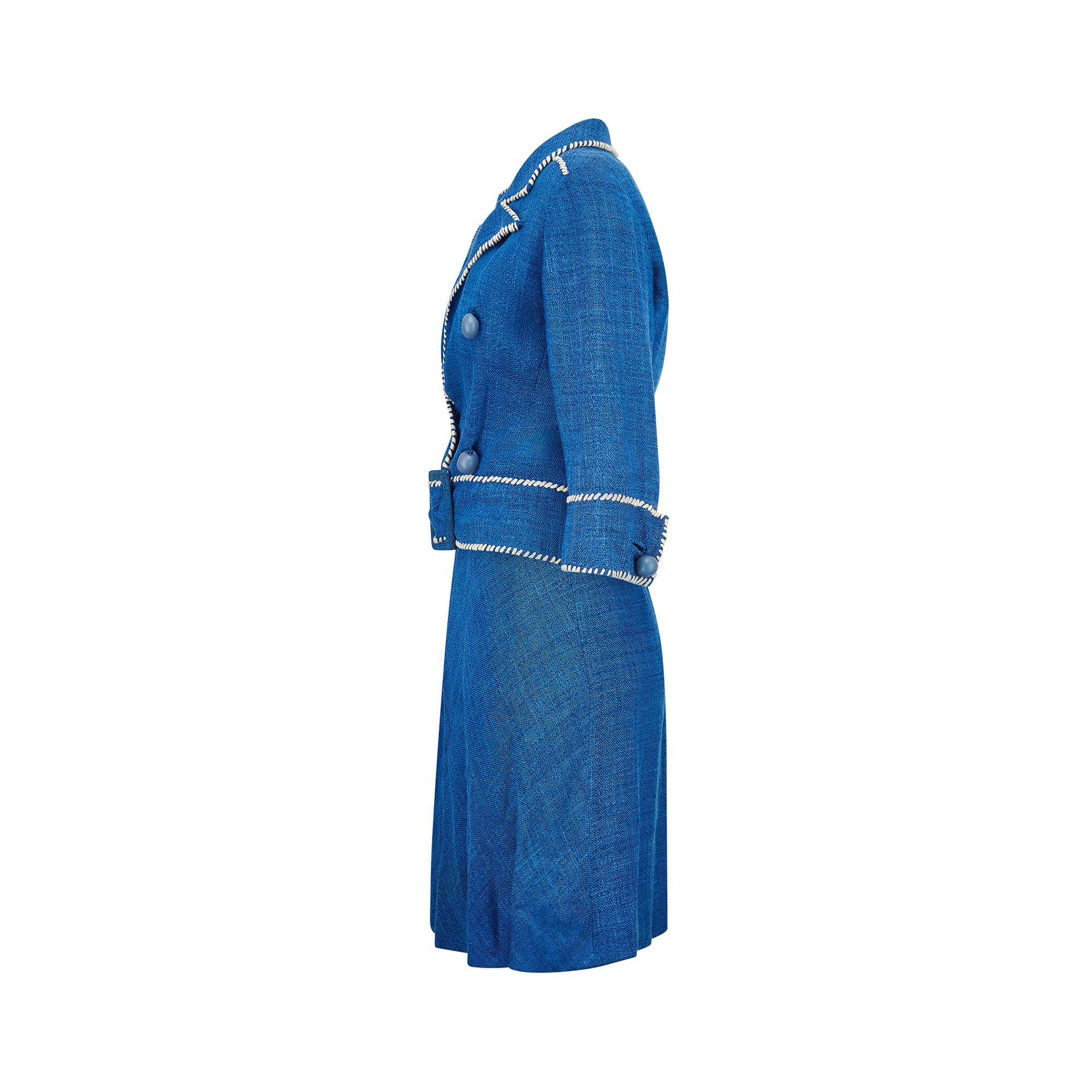 1950er Jacques Esterel Haute Couture Anzug aus blauem Leinen, 1950er (Blau) im Angebot