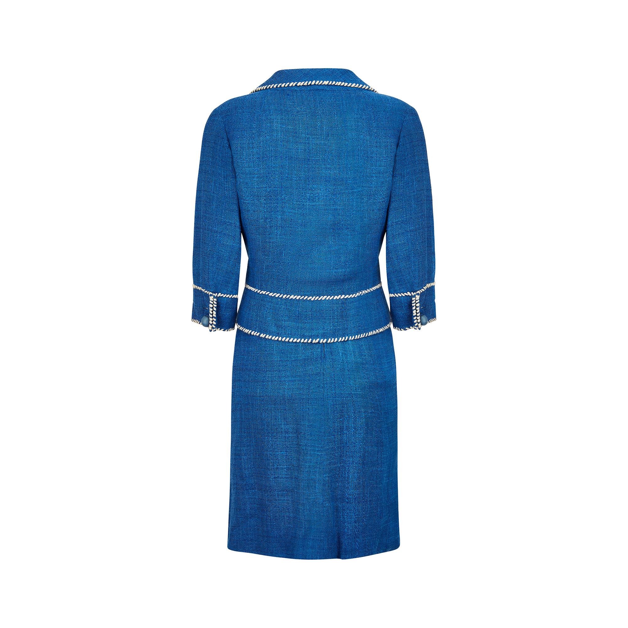 Women's 1950s Jacques Esterel Haute Couture Blue Linen Dress Suit For Sale