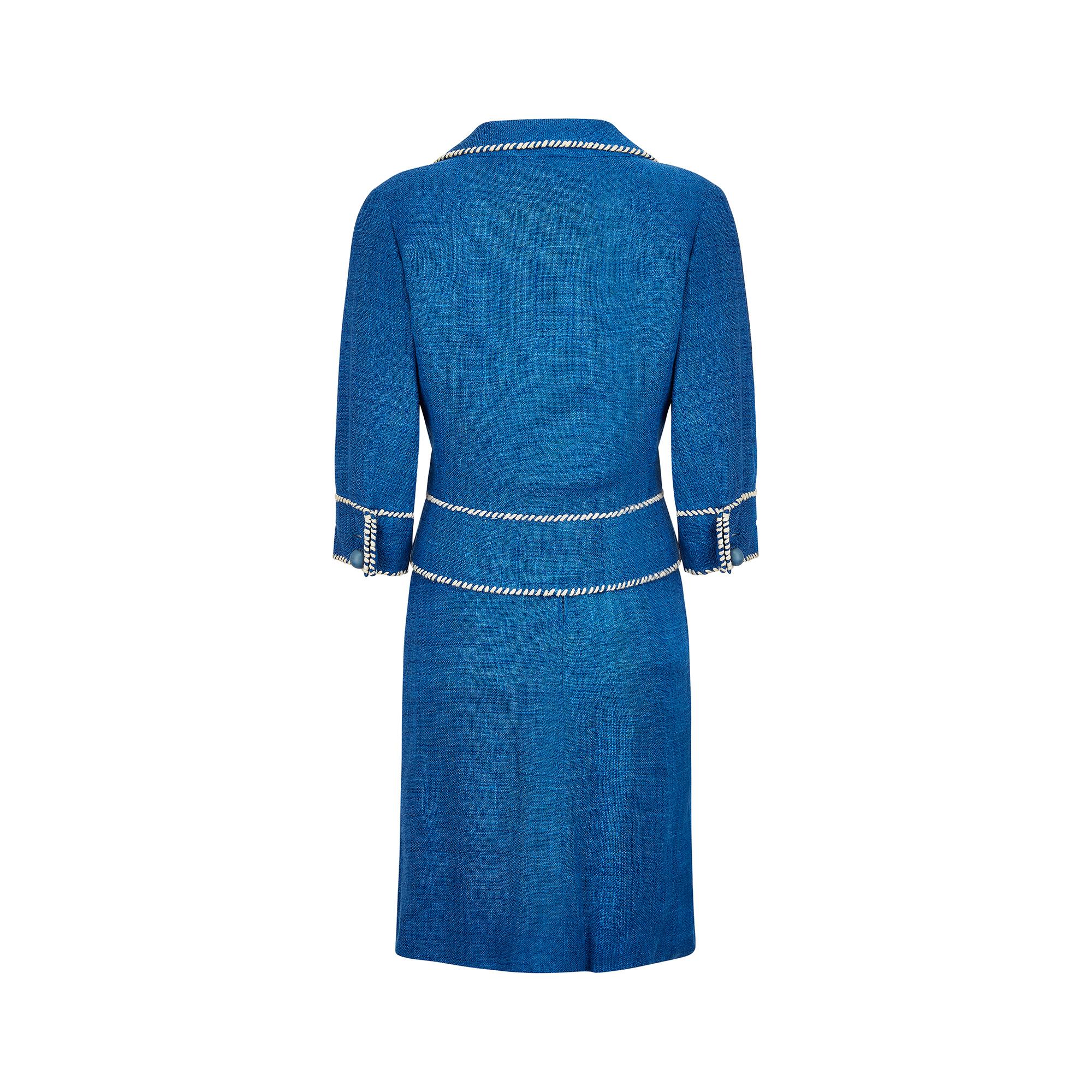 Años 50 Jacques Esterel Traje de Alta Costura de lino azul Azul en venta