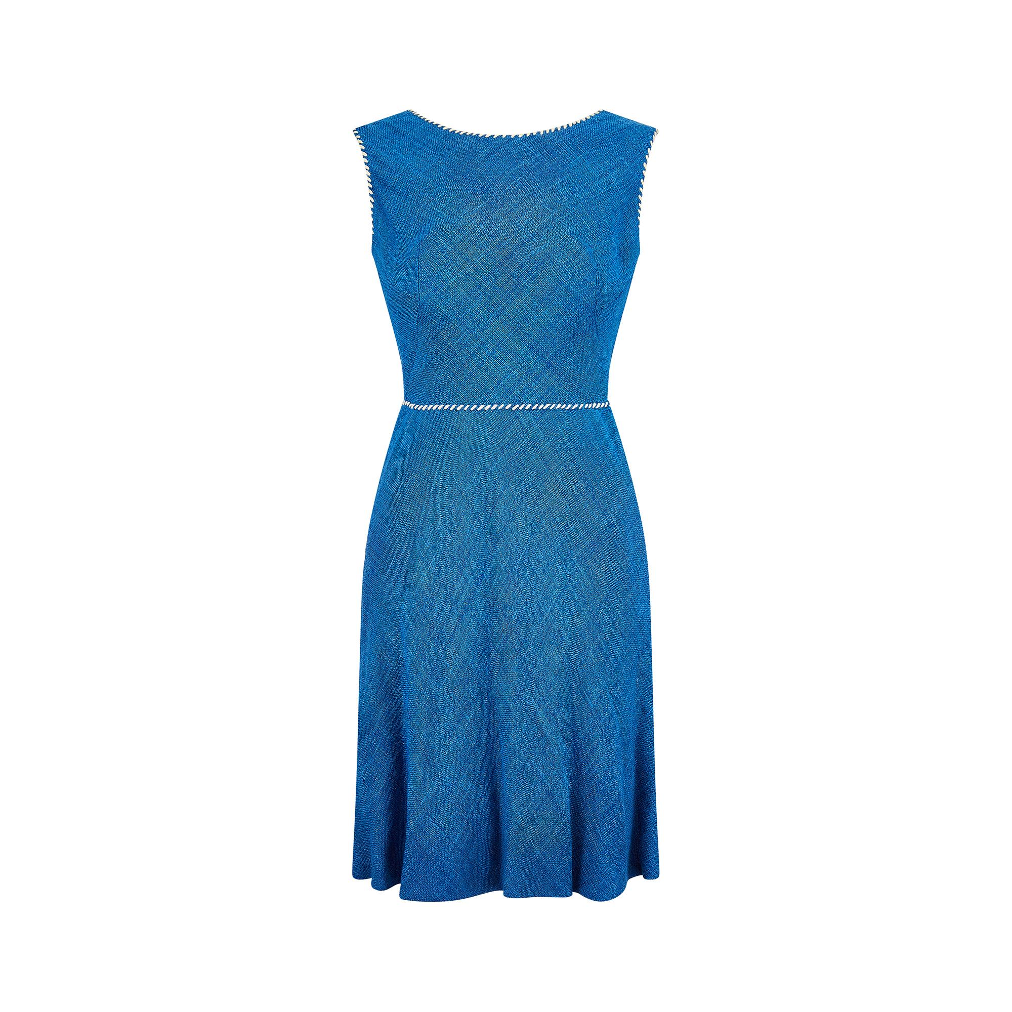 1950s Jacques Esterel Haute Couture Blue Linen Dress Suit For Sale 1