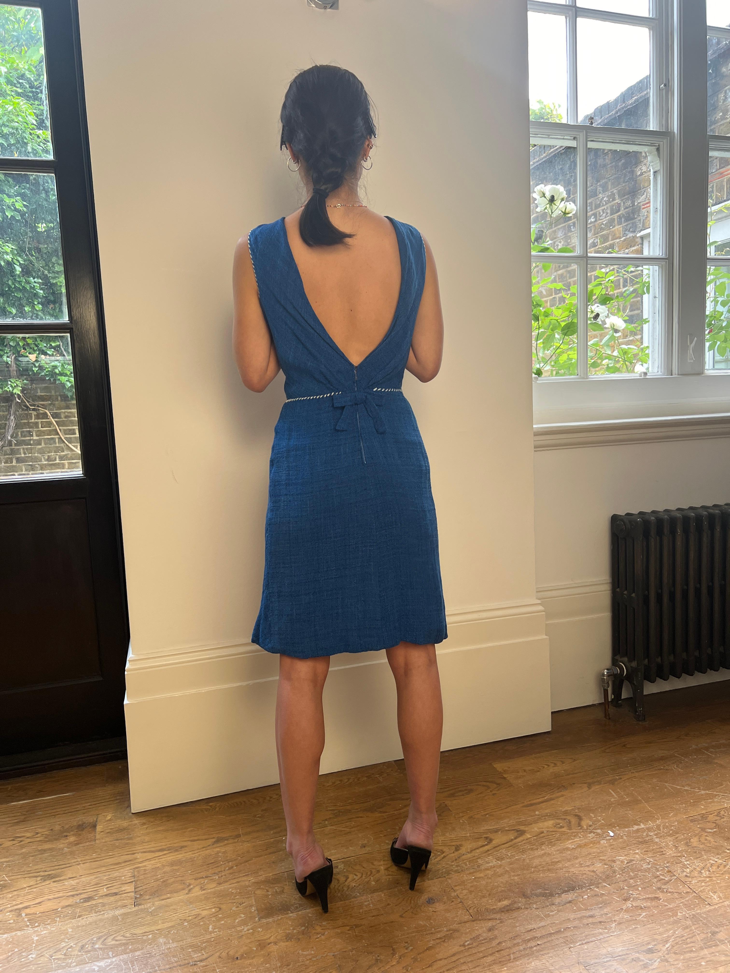 Años 50 Jacques Esterel Traje de Alta Costura de lino azul en venta 3