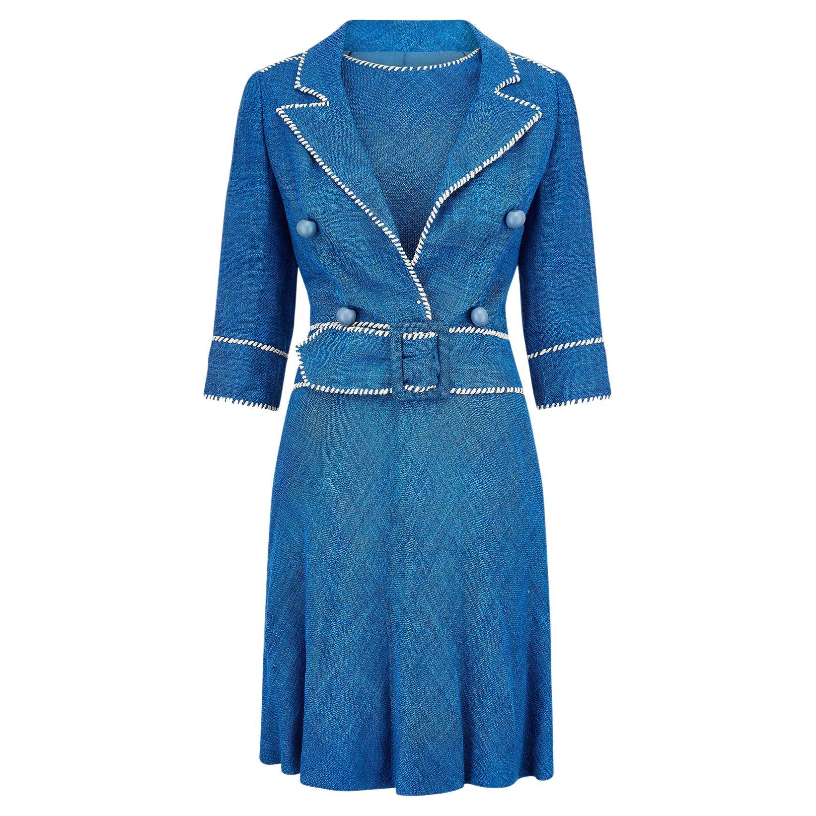 1950er Jacques Esterel Haute Couture Anzug aus blauem Leinen, 1950er im Angebot