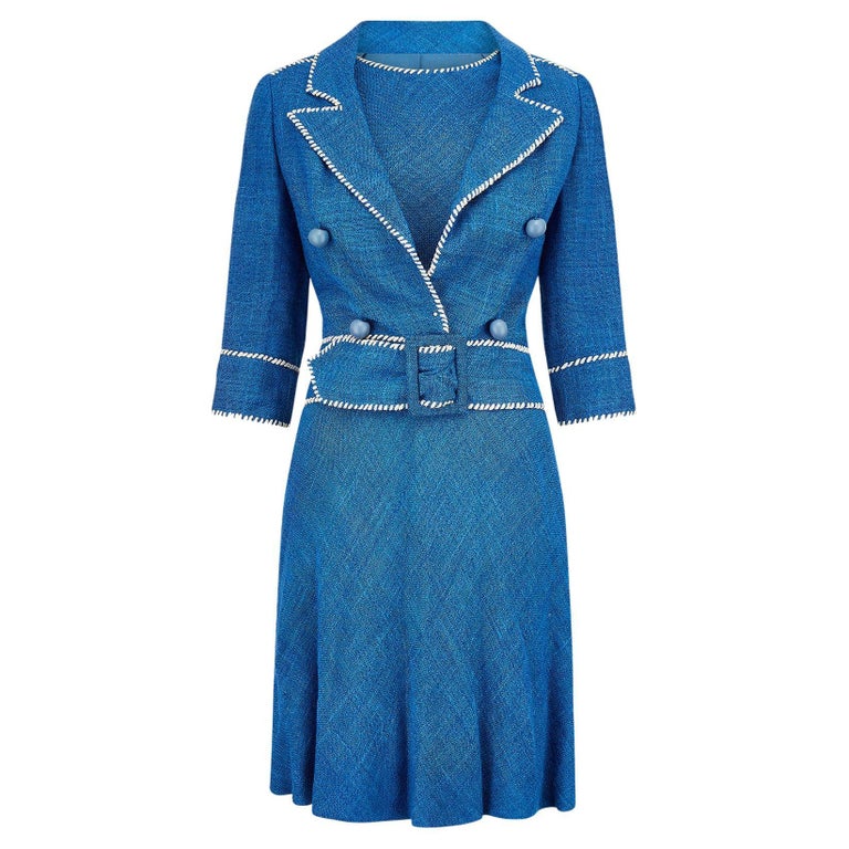 1950s Jacques Esterel Haute Couture Blue Linen Dress Suit For Sale at  1stDibs