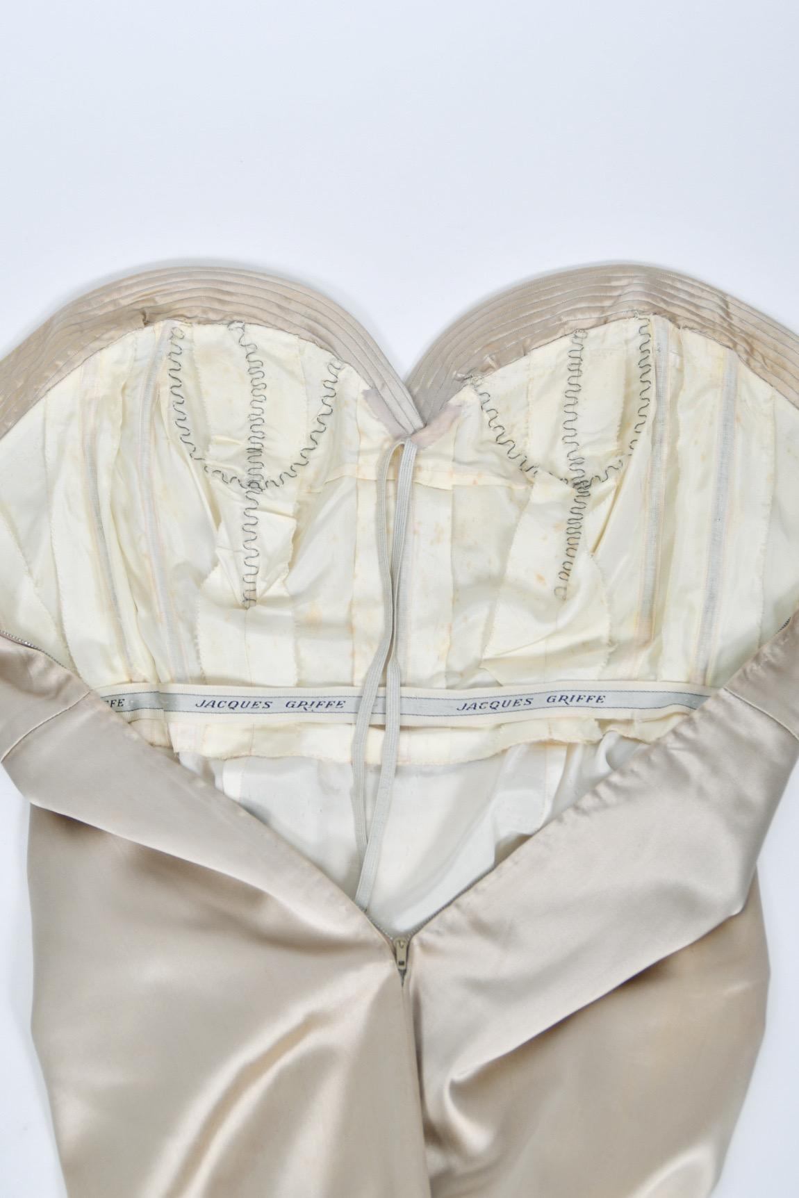 1950's Jacques Griffe Haute Couture Champagne Strapless Bustier Hourglass Gown For Sale 9