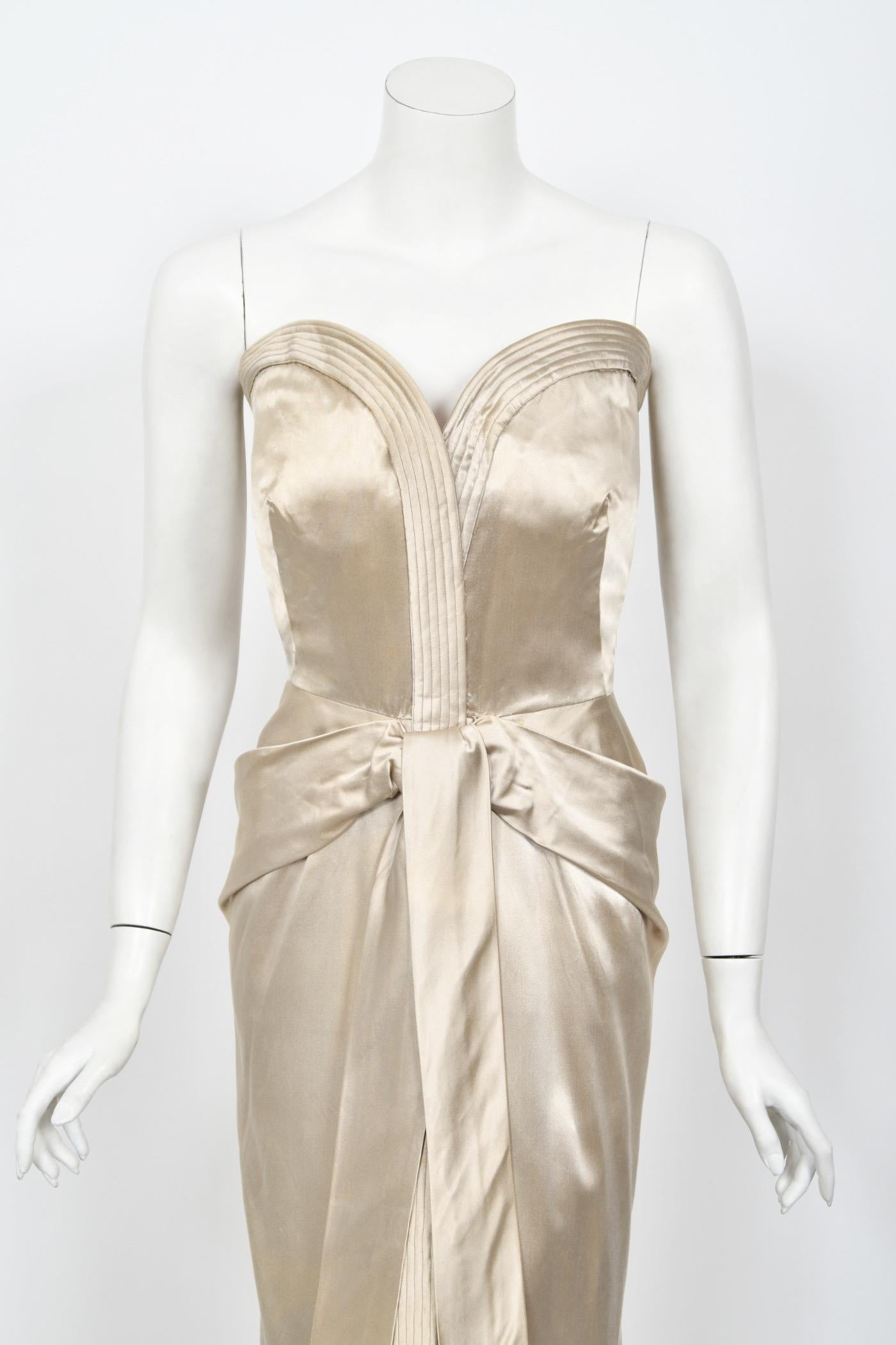 Women's 1950's Jacques Griffe Haute Couture Champagne Strapless Bustier Hourglass Gown For Sale