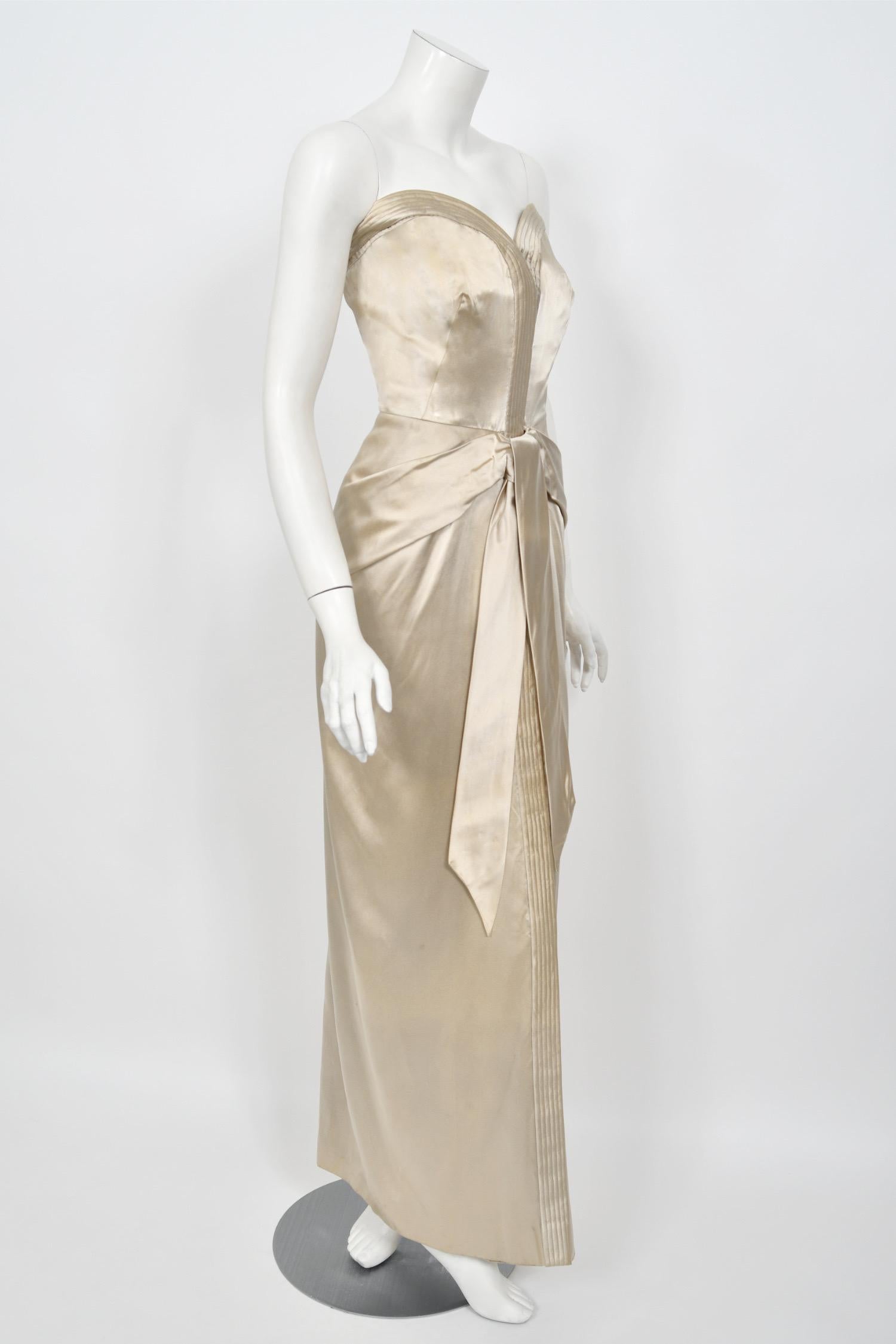 1950's Jacques Griffe Haute Couture Champagne Strapless Bustier Hourglass Gown For Sale 1