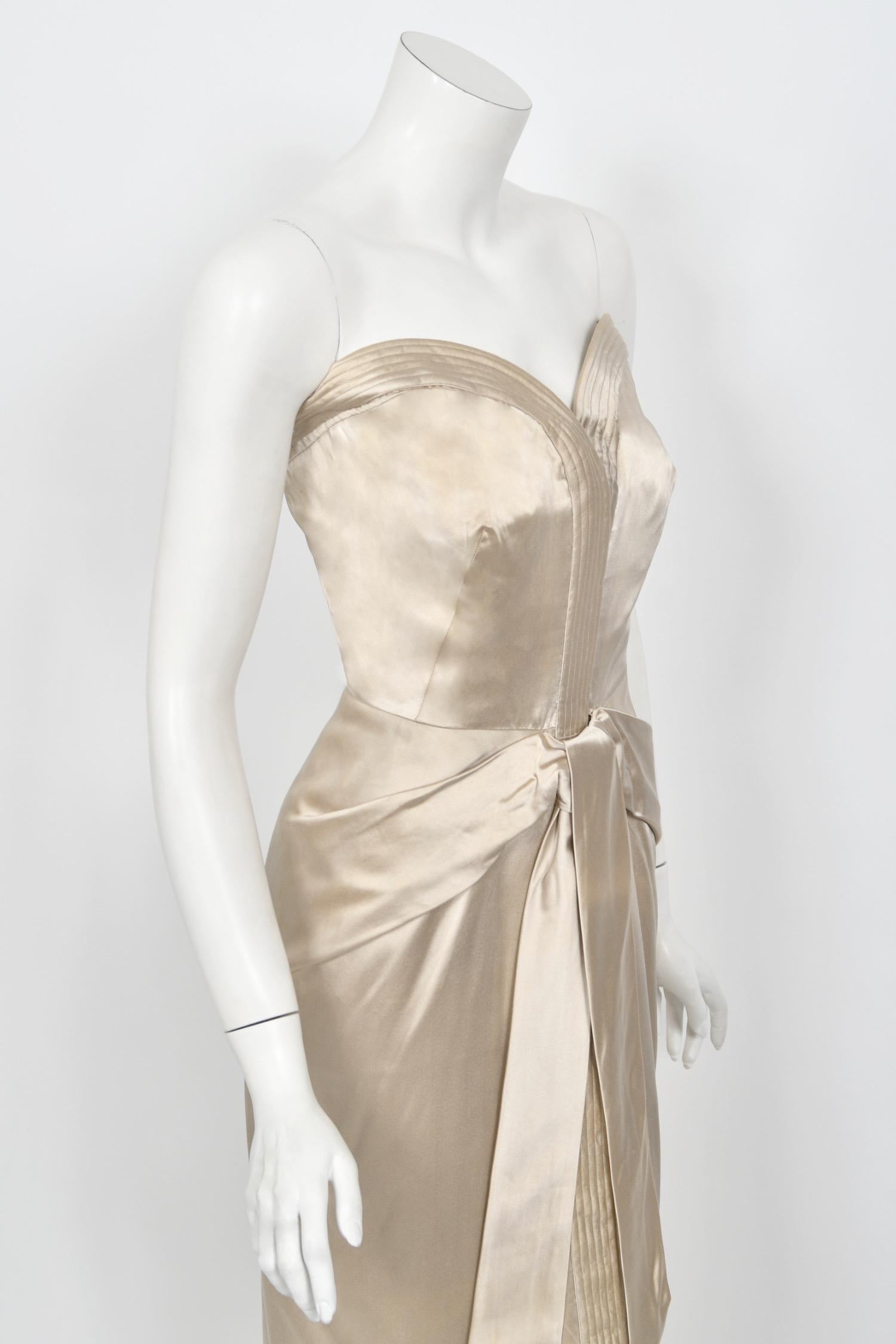 1950's Jacques Griffe Haute Couture Champagne Strapless Bustier Hourglass Gown For Sale 2