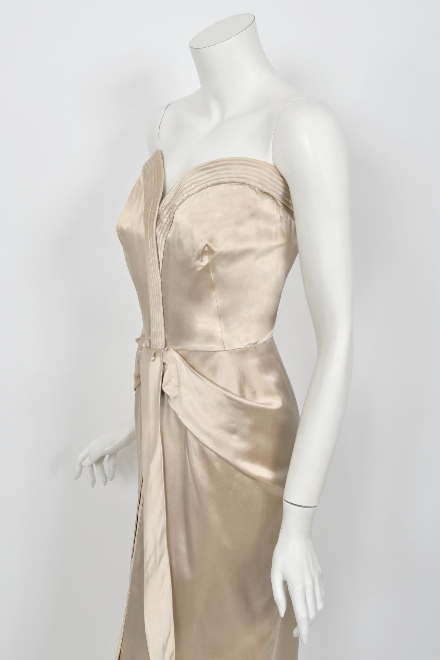 1950's Jacques Griffe Haute Couture Champagne Strapless Bustier Hourglass Gown For Sale 3