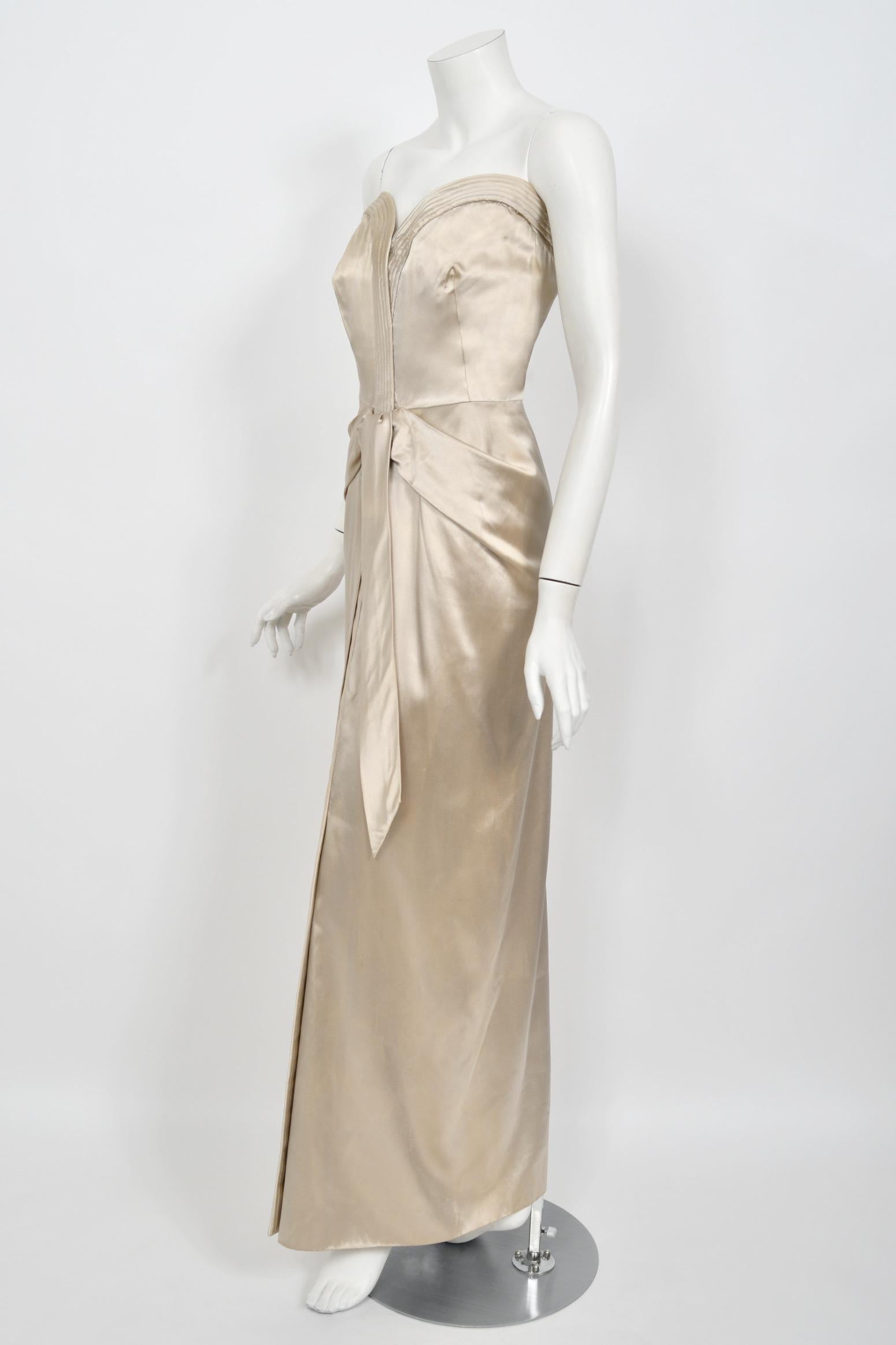 1950's Jacques Griffe Haute Couture Champagne Strapless Bustier Hourglass Gown For Sale 4
