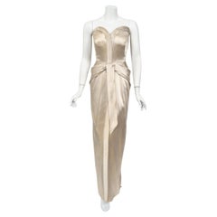 1950's Jacques Griffe Haute Couture Champagne Strapless Bustier Hourglass Gown
