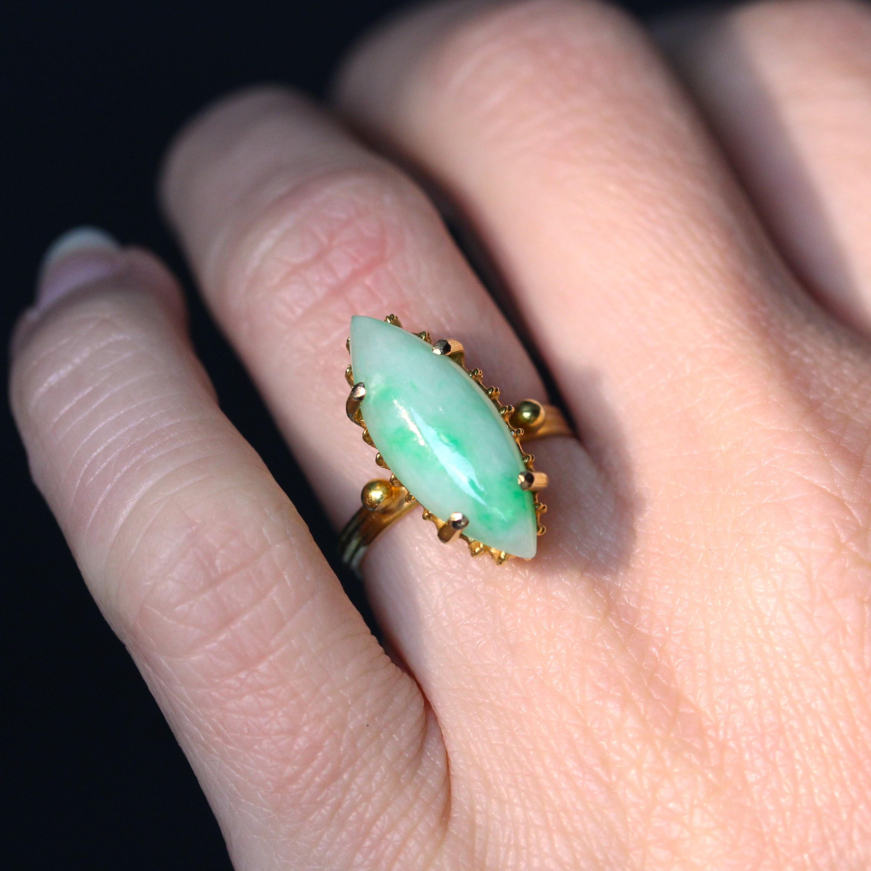 Women's 1950s Jade 18 Karat Yellow Gold Marquise Ring For Sale