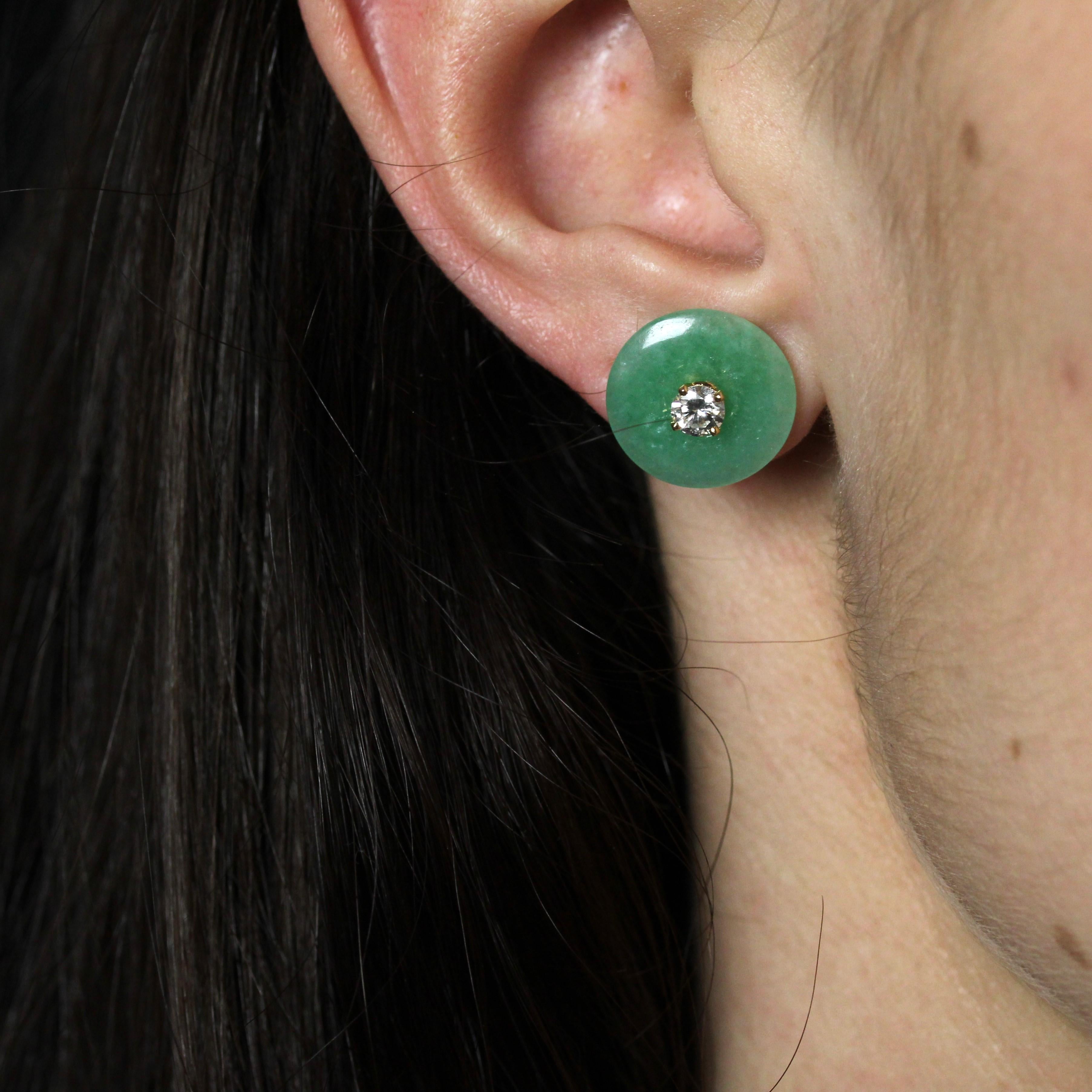 Women's 1950s Jade Disk Diamond 18 Karat Yellow Gold Stud Earrings For Sale