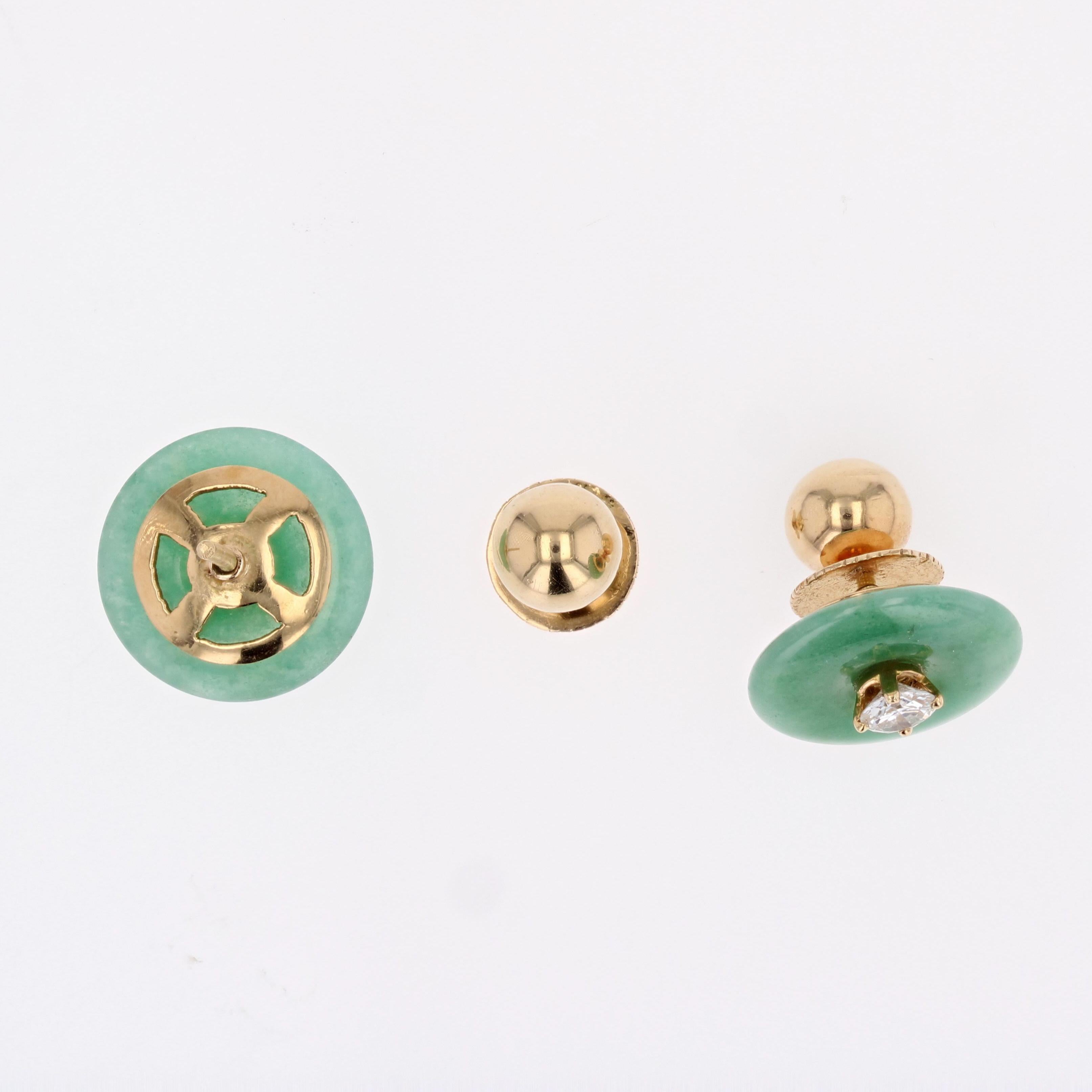 1950s Jade Disk Diamond 18 Karat Yellow Gold Stud Earrings For Sale 1