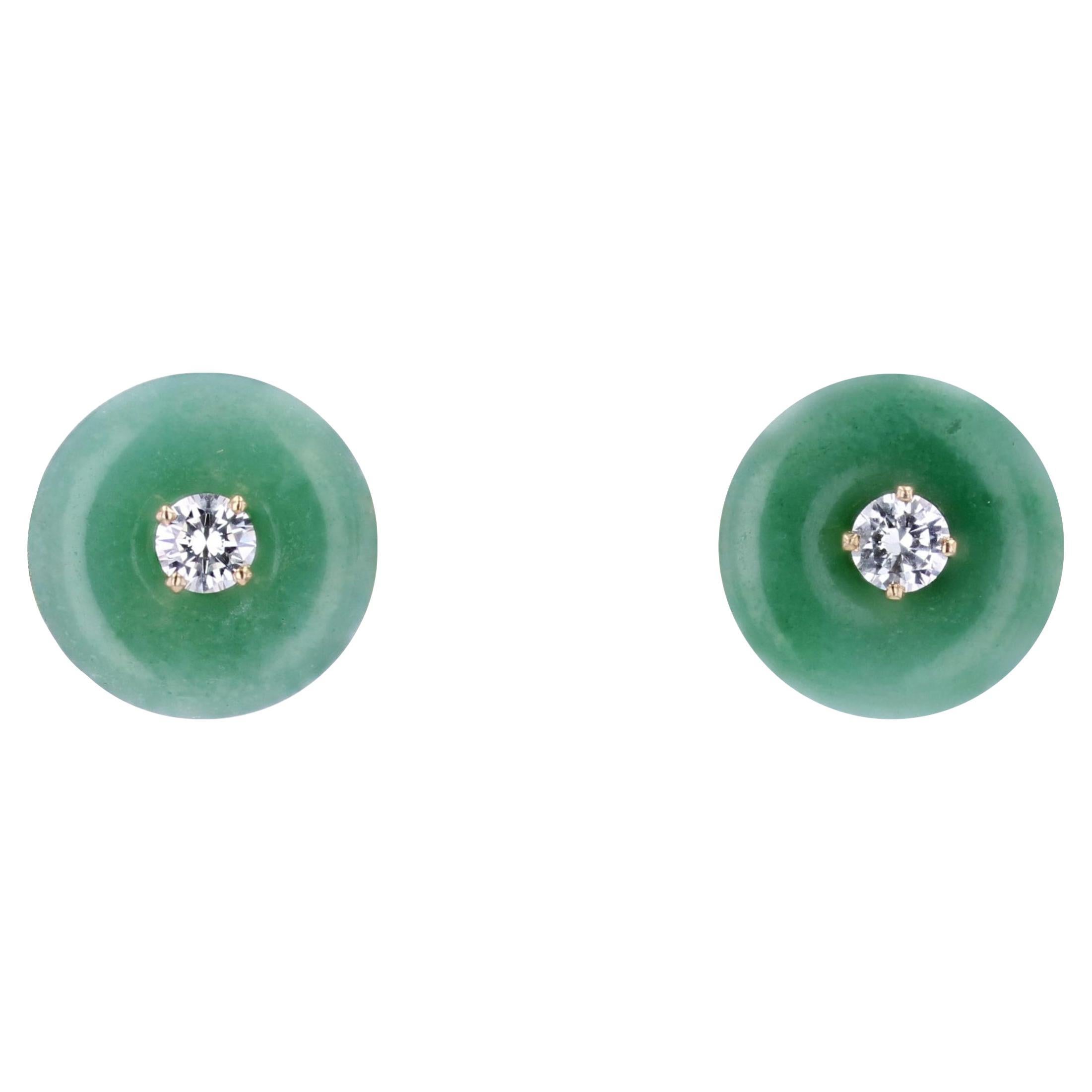 1950s Jade Disk Diamond 18 Karat Yellow Gold Stud Earrings