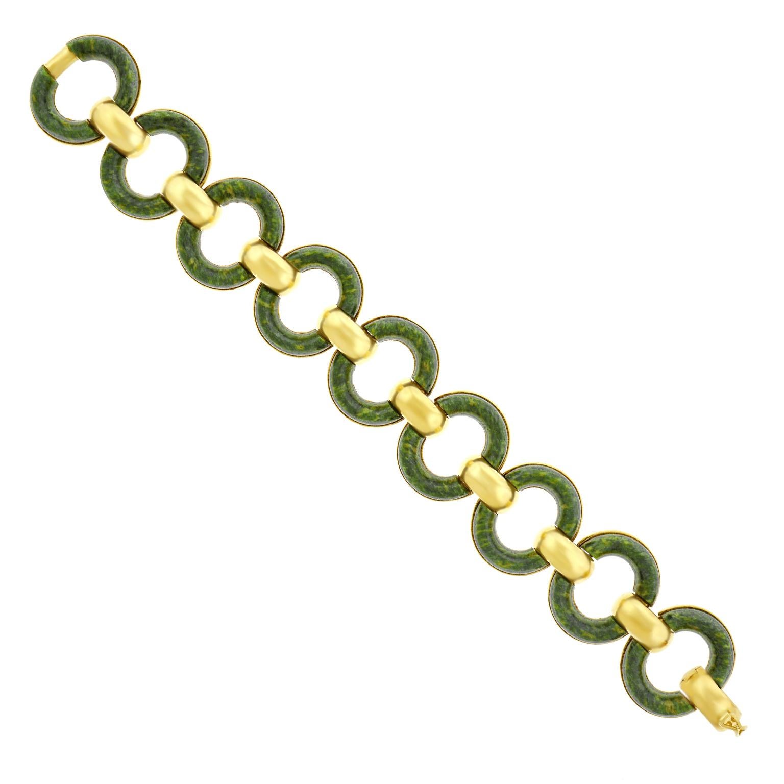1950s Jade Set Gold Bracelet In Excellent Condition In Litchfield, CT