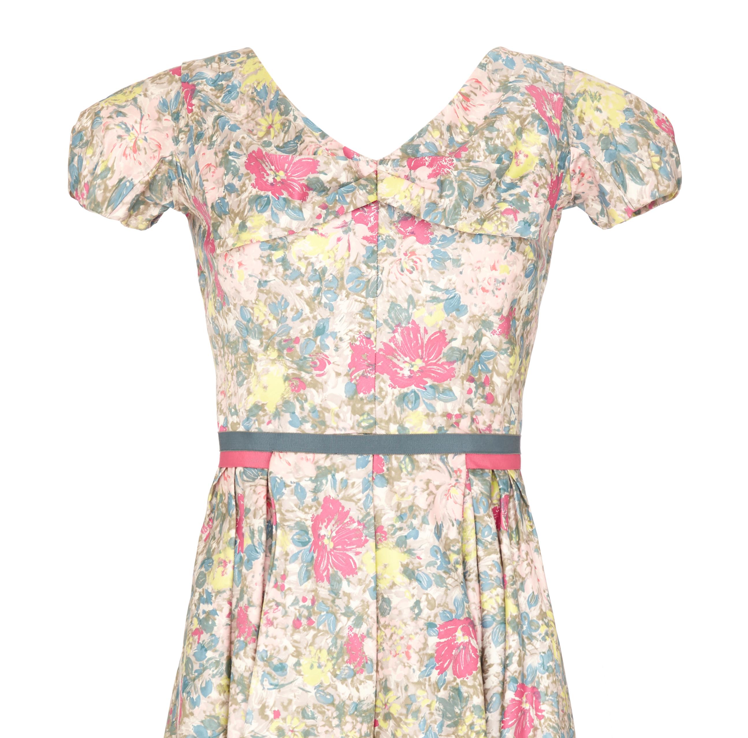 Beige 1950s Jane Derby by Oscar de la Renta Cotton Floral Dress For Sale