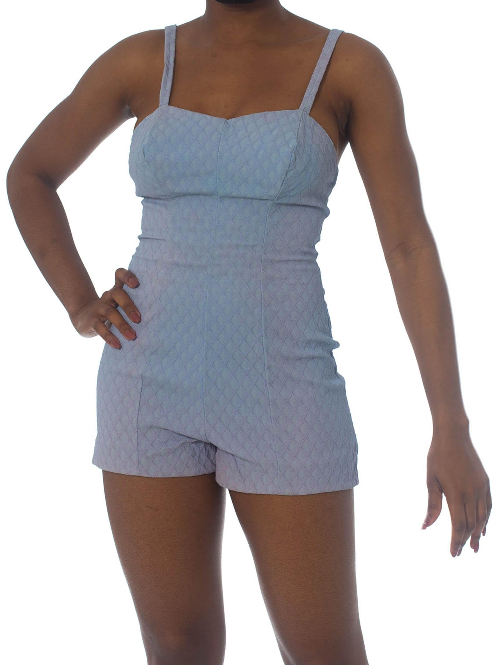 1950S JANTZEN Baby Blue Poly Blend Stretch One Piece Boyshort Swimsuit In Excellent Condition In New York, NY