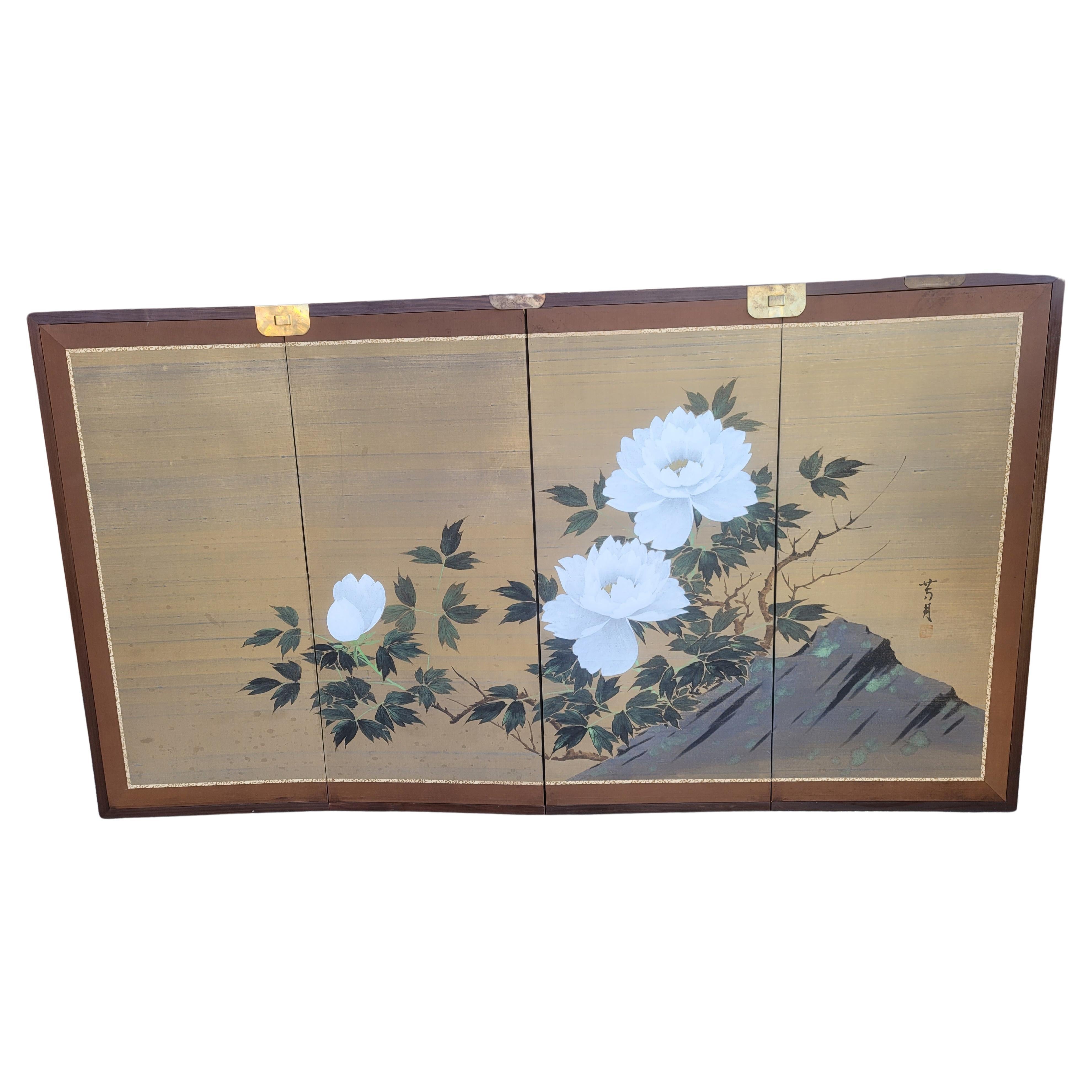Hand-Painted 1950s Japanese Asian Four-Panel Byobu Showa Folding Screen of Flowering Lotus For Sale