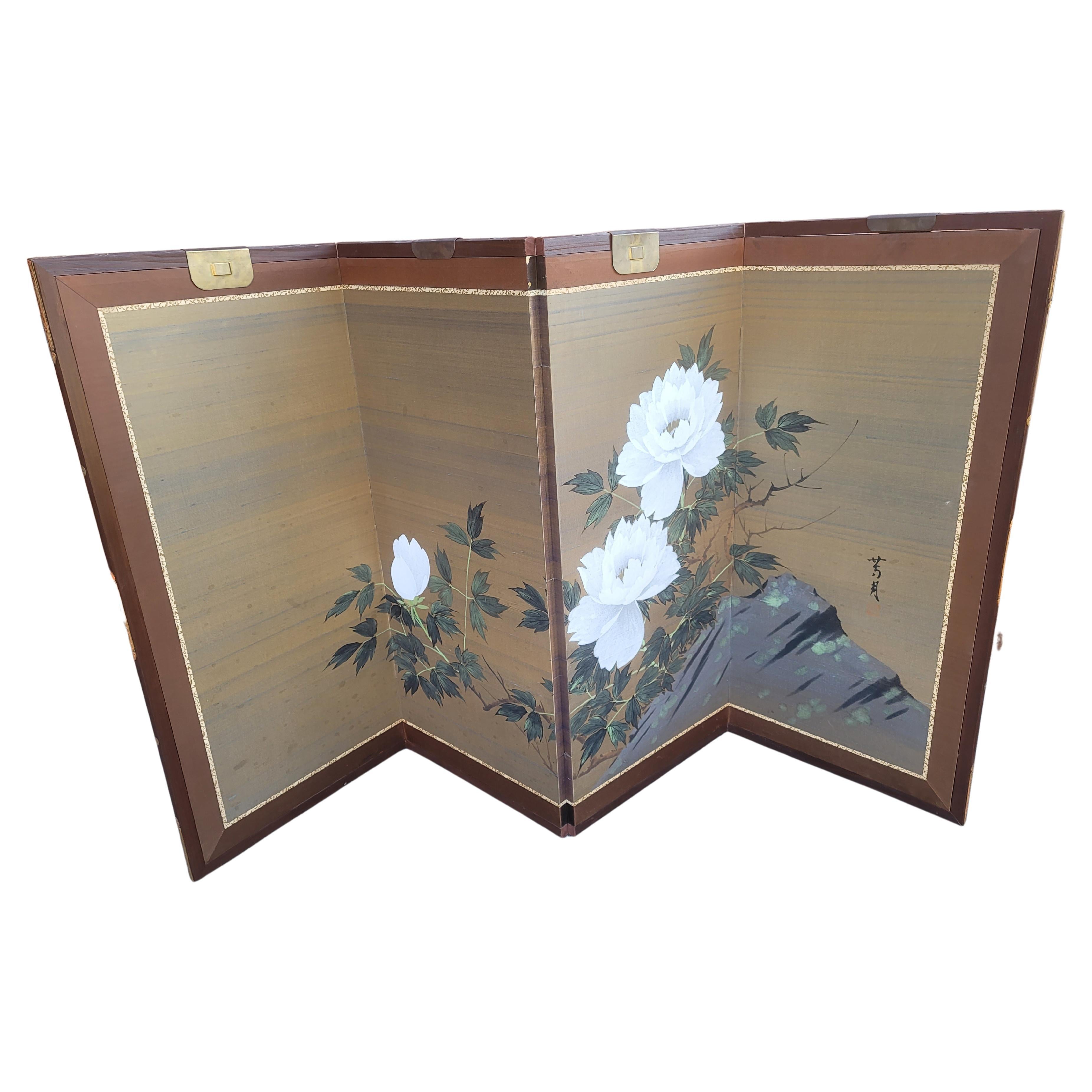 1950s Japanese Asian Four-Panel Byobu Showa Folding Screen of Flowering Lotus For Sale