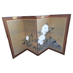 Antique 1950s Japanese Asian Four-Panel Byobu Showa Folding Screen of Flowering Lotus