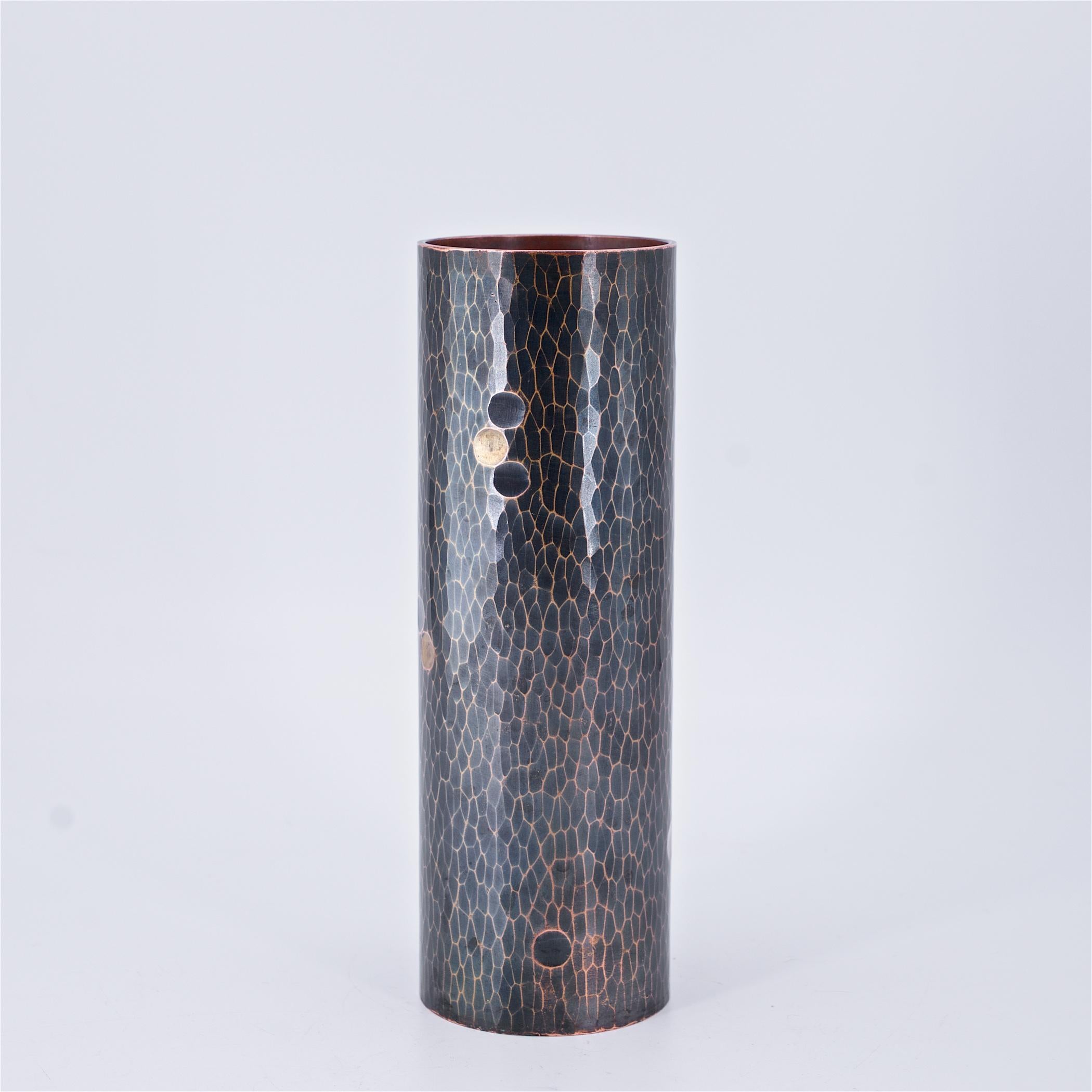 Arts and Crafts 1950s Japanese Bronze Vase Martele Hammered Polka-Dot Meiji Nanbu Mid-Century For Sale