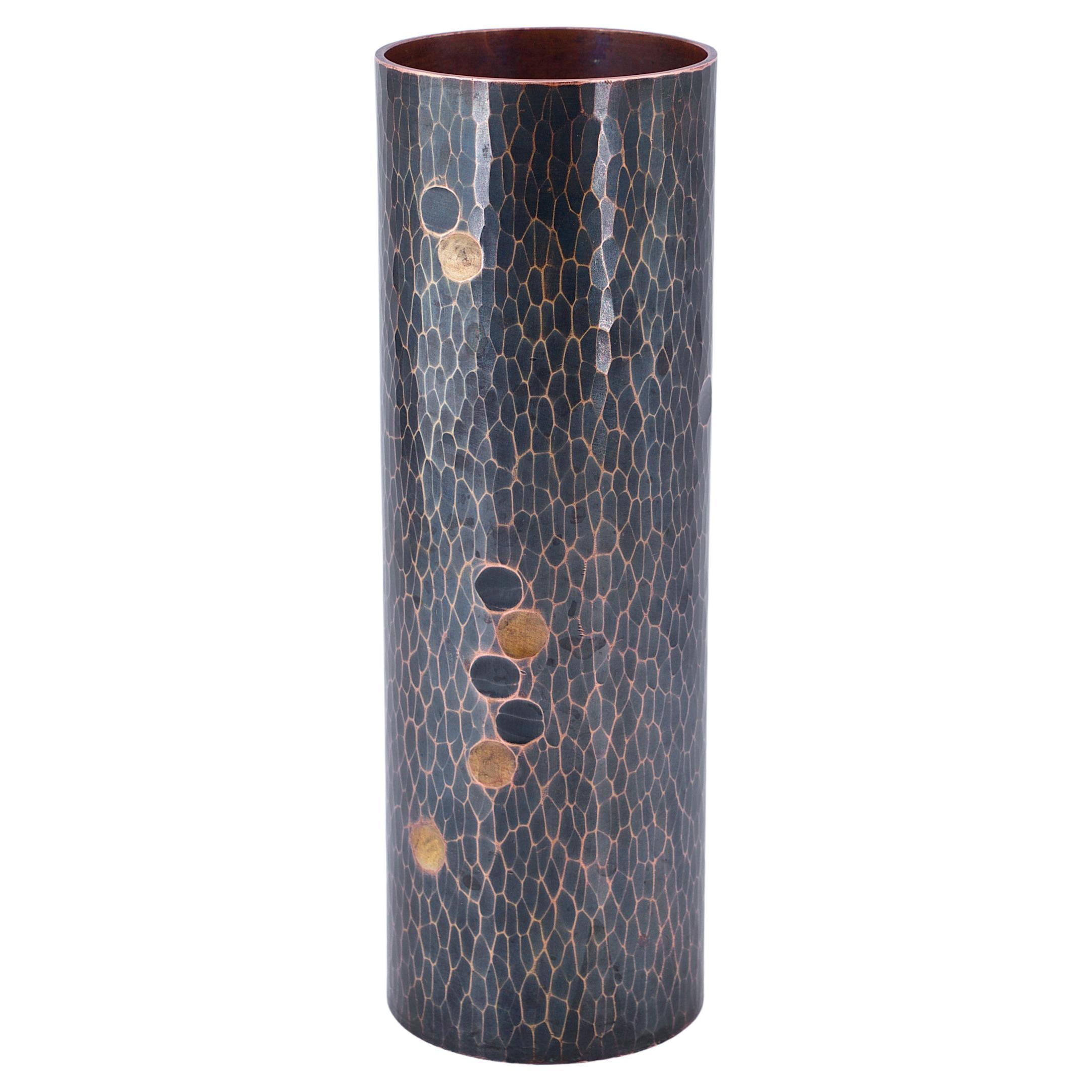 1950s Japanese Bronze Vase Martele Hammered Polka-Dot Meiji Nanbu Mid-Century For Sale
