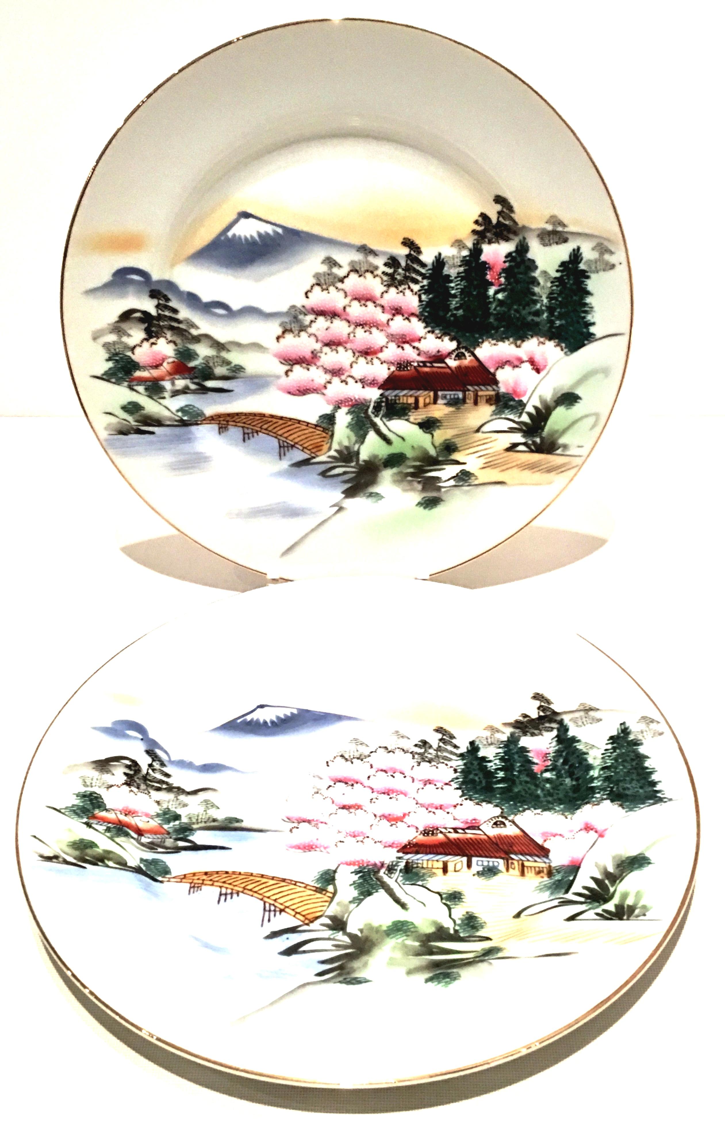 1950s Japanese hand painted enameled and 22-karat gold dinner plate set of eight pieces by, Hayasi Fine China. This 