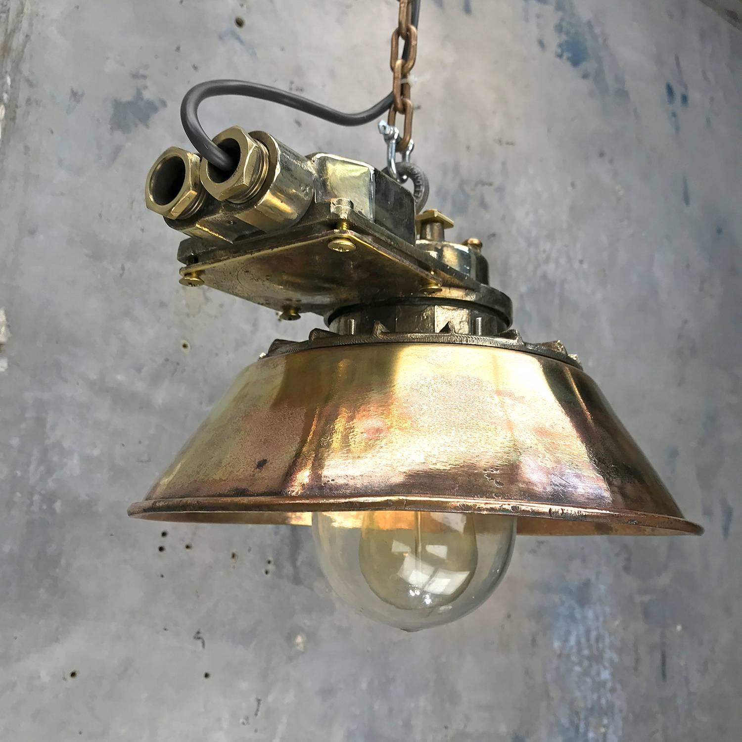1950s Japanese Industrial Cast Brass Pendant Light Conical Shade & Acrylic Dome For Sale 5