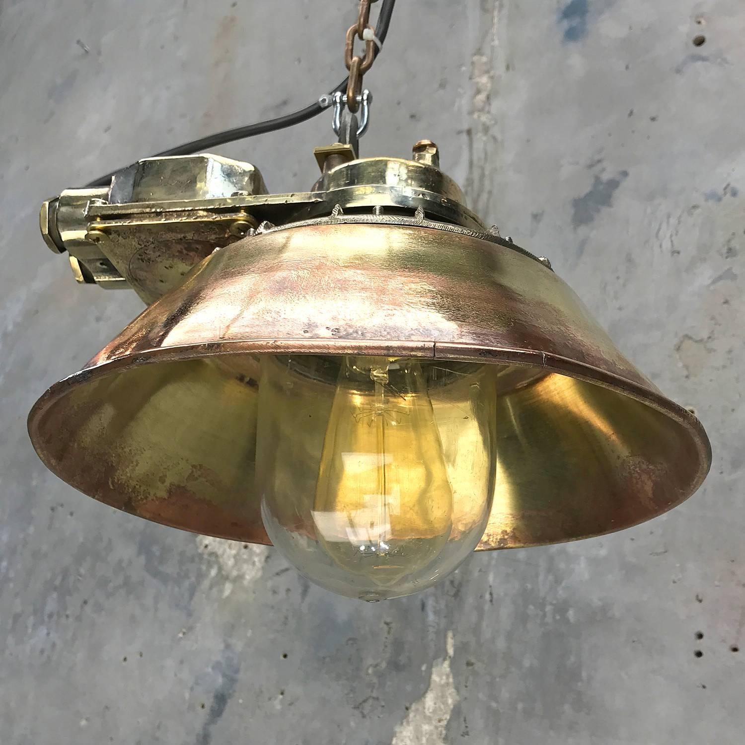 1950s Japanese Industrial Cast Brass Pendant Light Conical Shade & Acrylic Dome For Sale 6