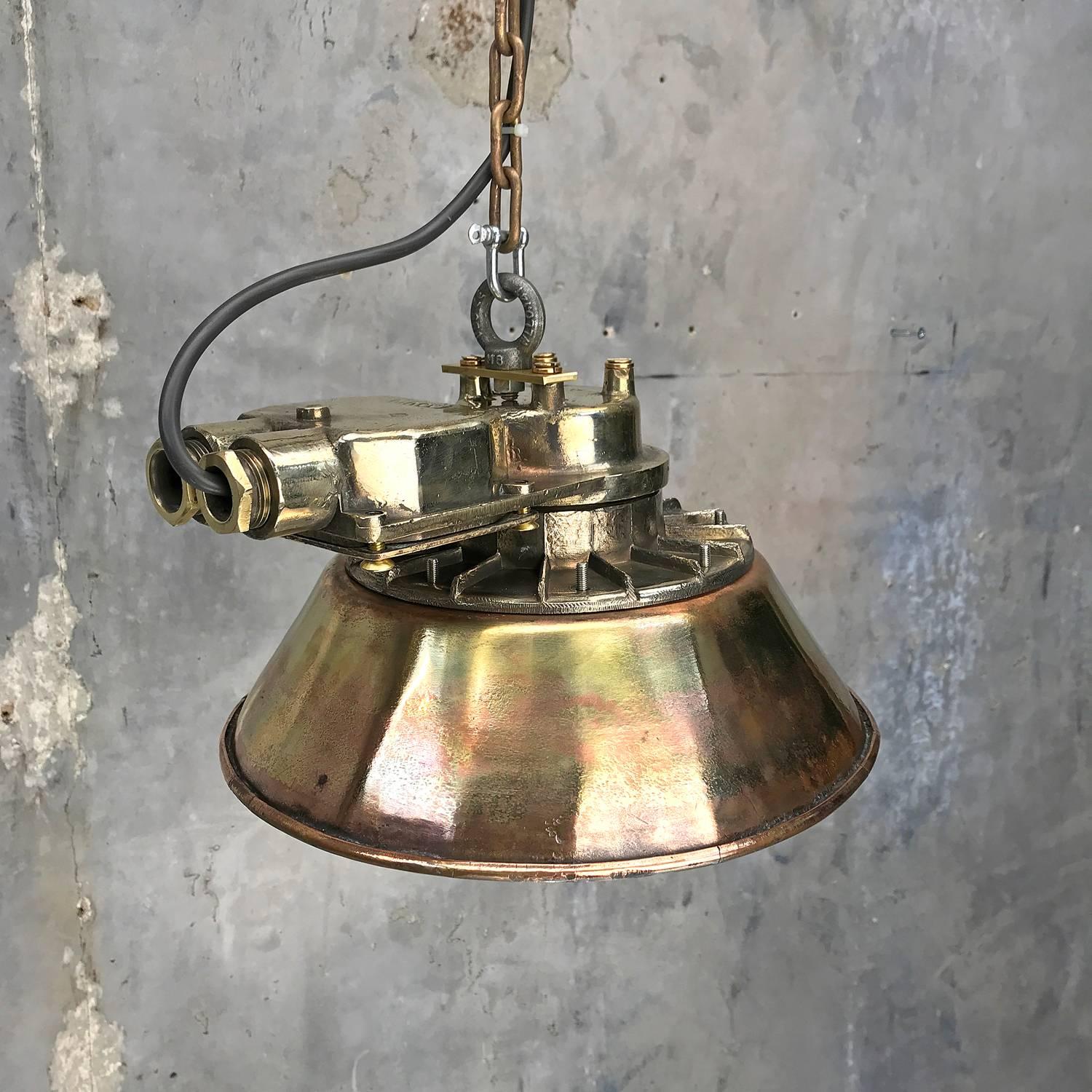1950s Japanese Industrial Cast Brass Pendant Light Conical Shade & Acrylic Dome For Sale 7
