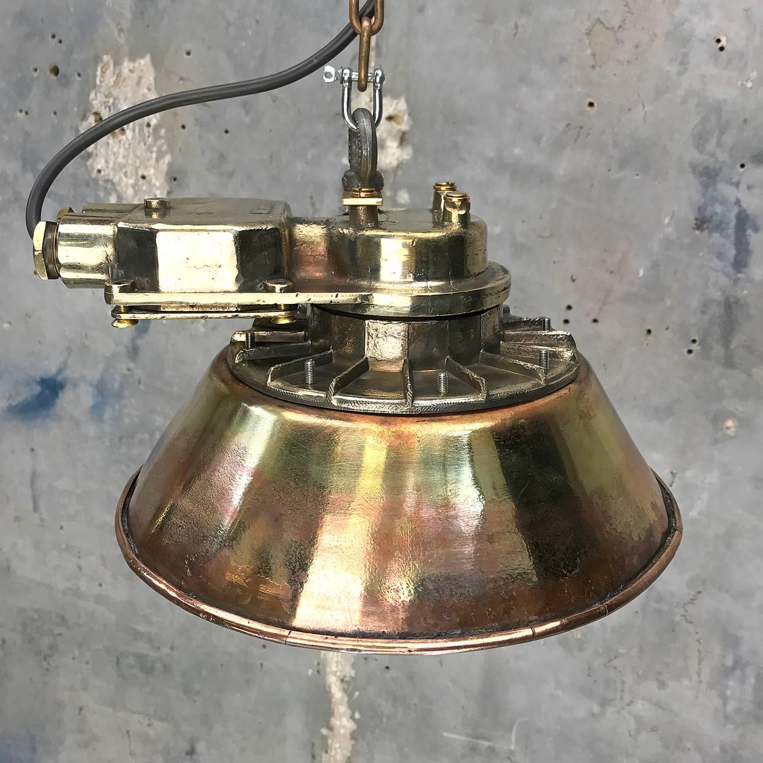 1950s Japanese Industrial Cast Brass Pendant Light Conical Shade & Acrylic Dome For Sale 8