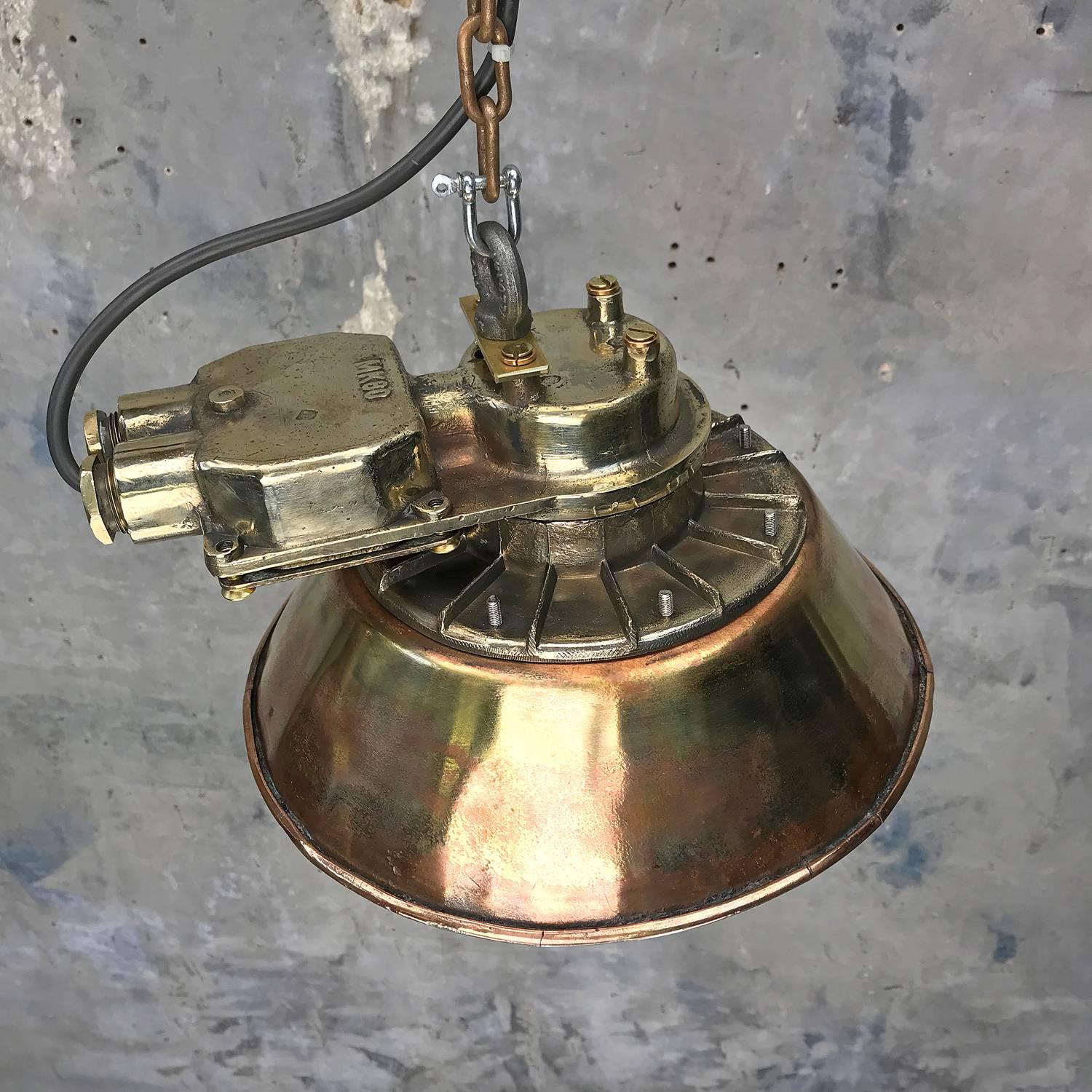 1950s Japanese Industrial Cast Brass Pendant Light Conical Shade & Acrylic Dome For Sale 9