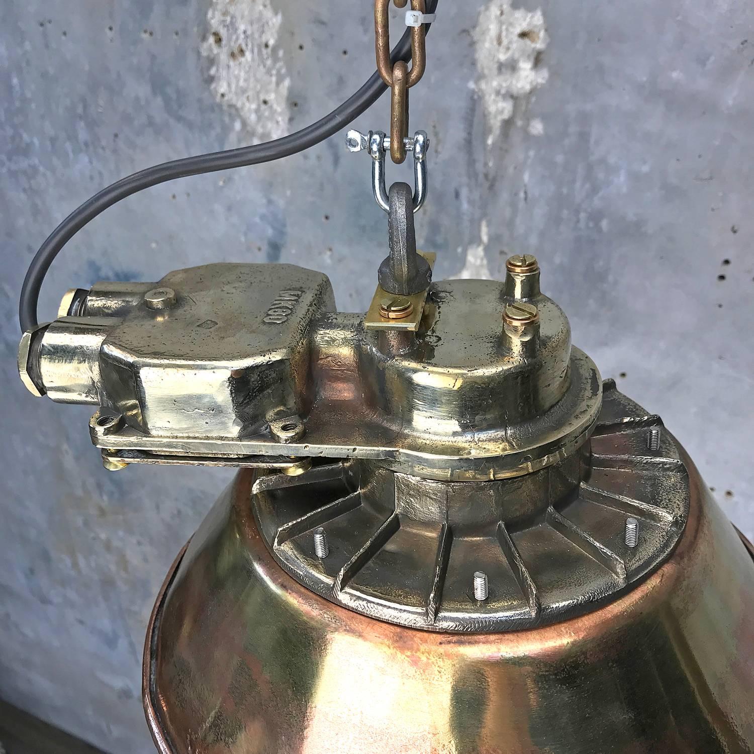 1950s Japanese Industrial Cast Brass Pendant Light Conical Shade & Acrylic Dome For Sale 10
