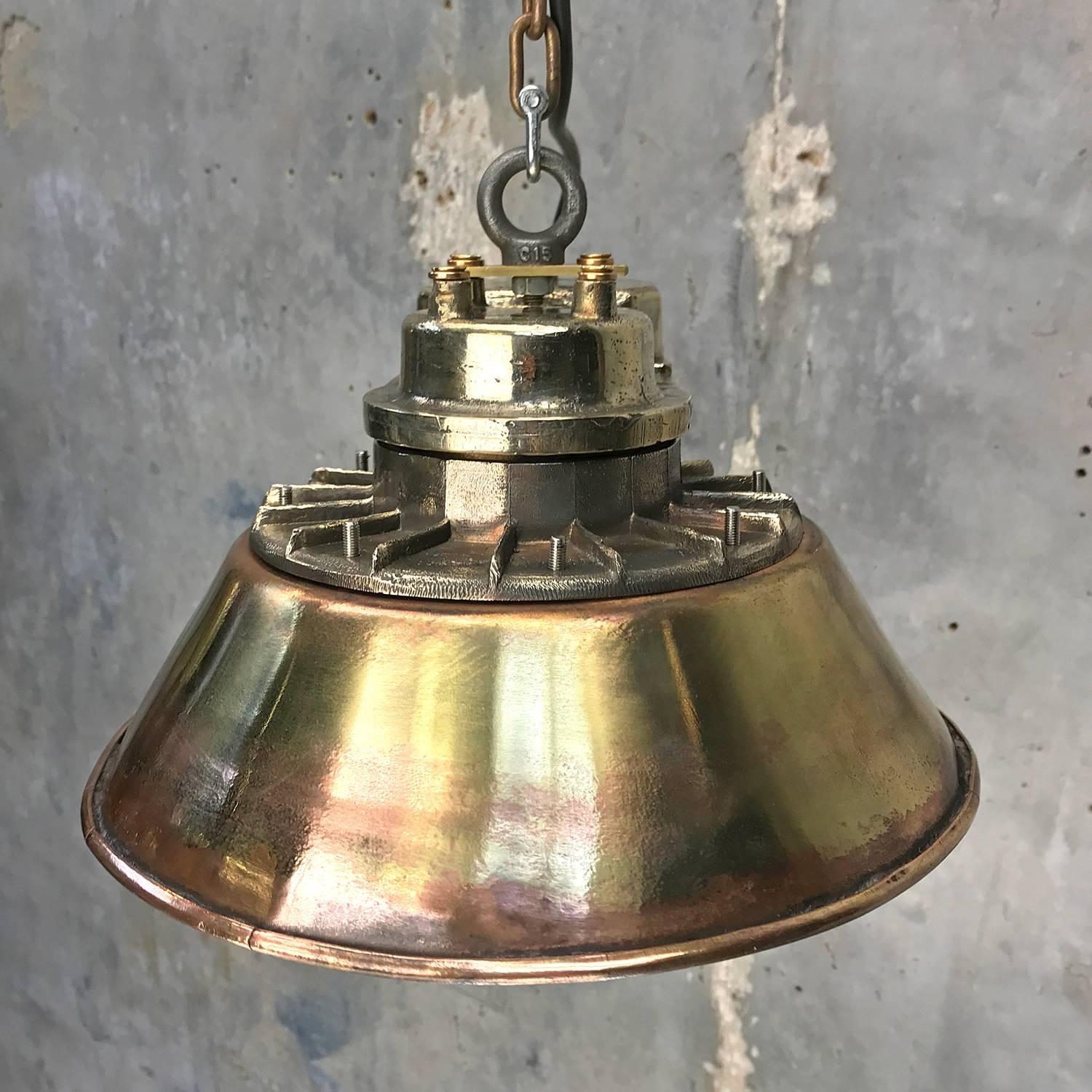 1950s Japanese Industrial Cast Brass Pendant Light Conical Shade & Acrylic Dome For Sale 11
