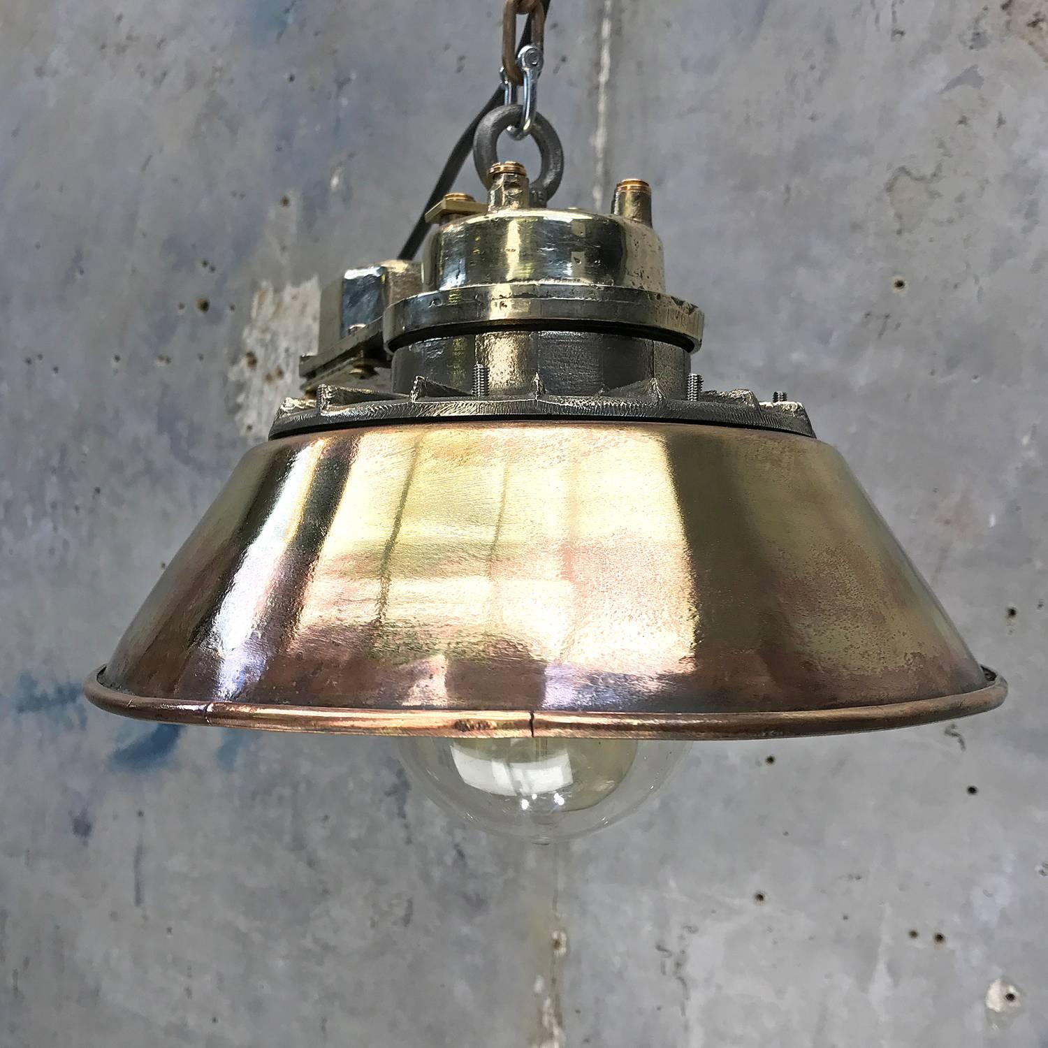 1950s Japanese Industrial Cast Brass Pendant Light Conical Shade & Acrylic Dome For Sale 12