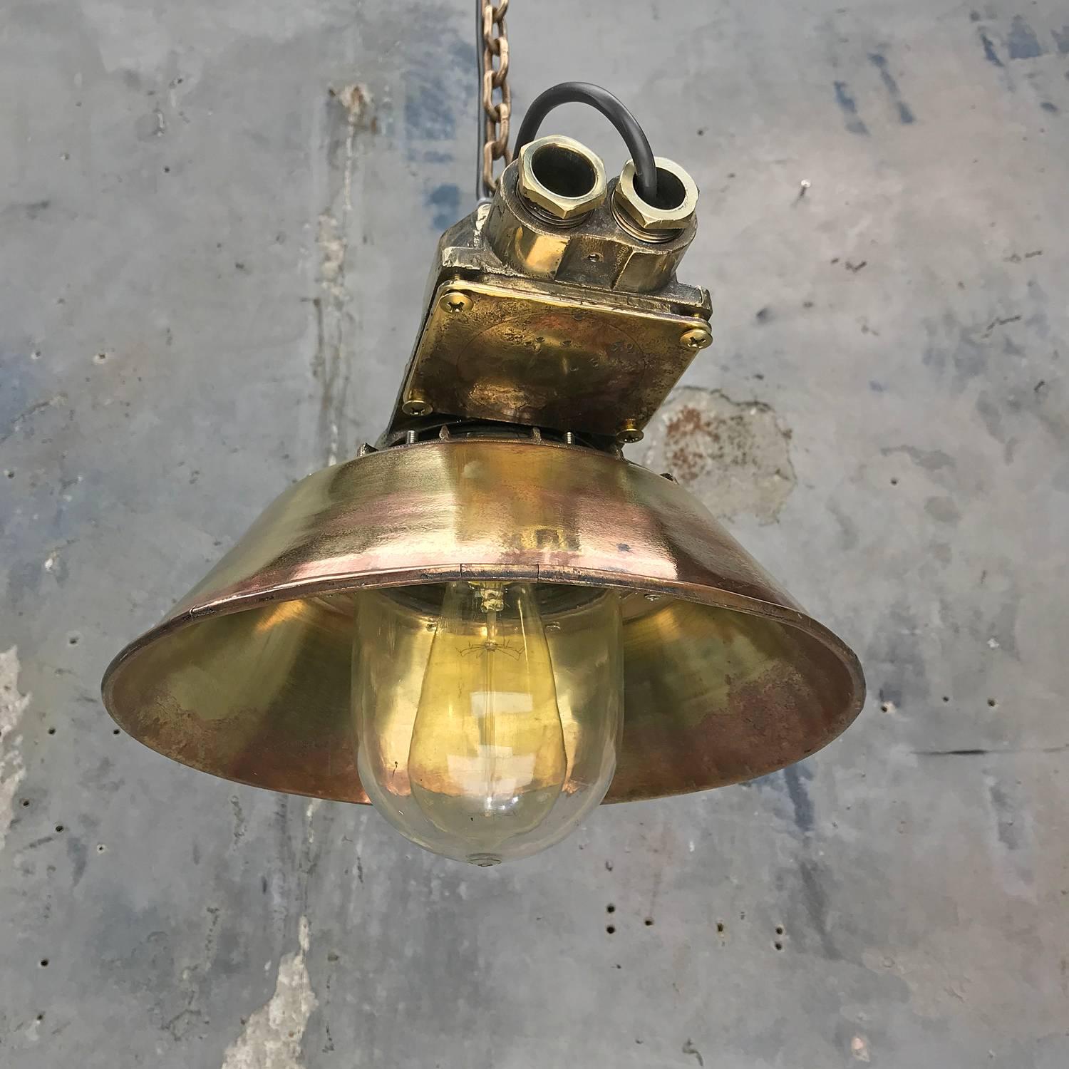 1950s Japanese Industrial Cast Brass Pendant Light Conical Shade & Acrylic Dome For Sale 13