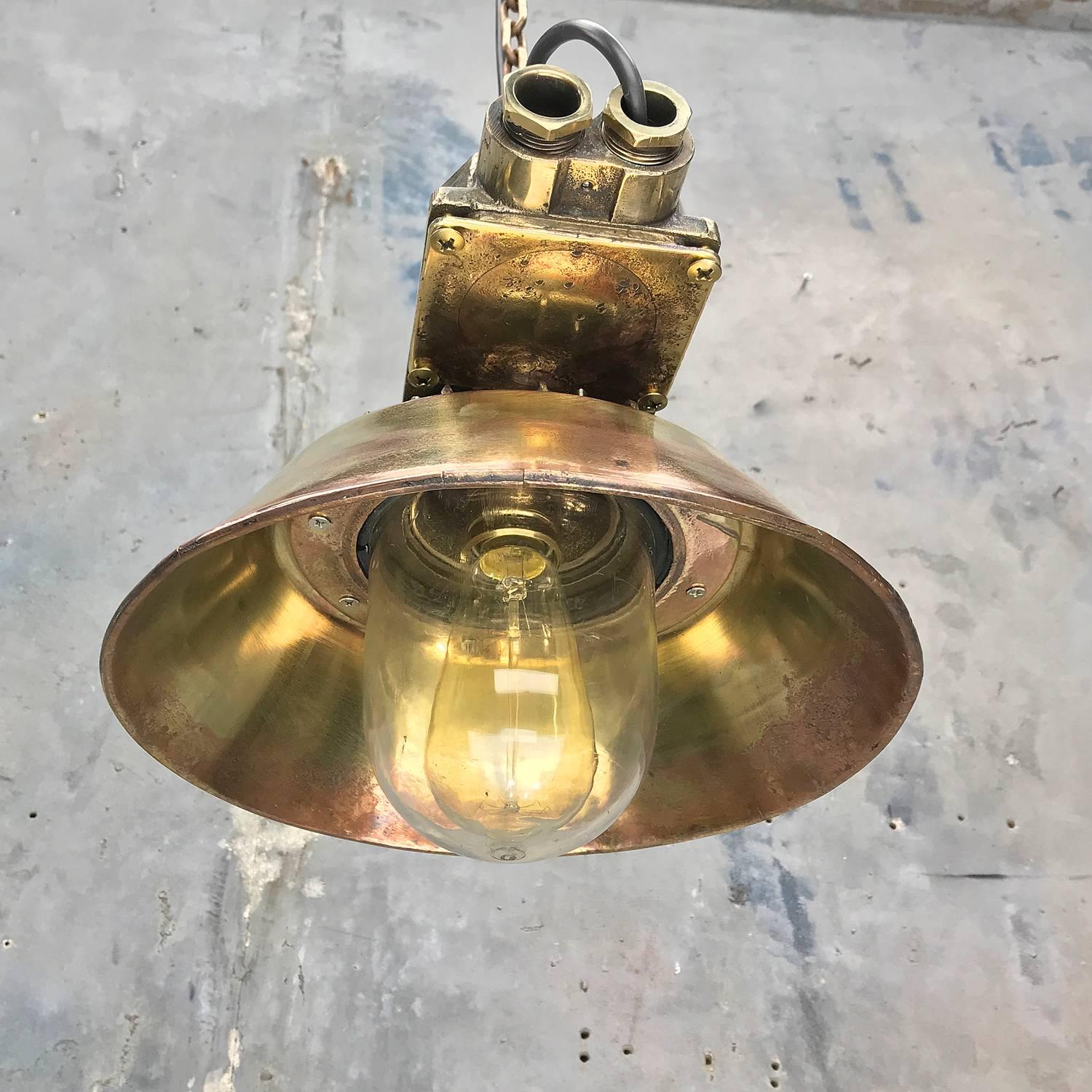 1950s Japanese Industrial Cast Brass Pendant Light Conical Shade & Acrylic Dome For Sale 14