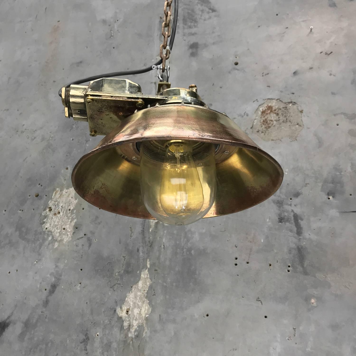 Asian 1950s Japanese Industrial Cast Brass Pendant Light Conical Shade & Acrylic Dome For Sale