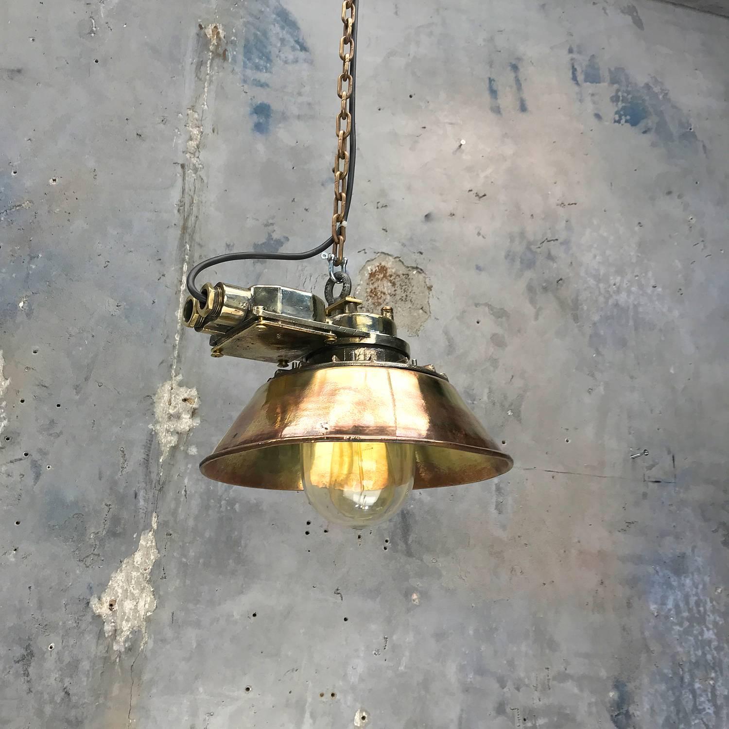 1950s Japanese Industrial Cast Brass Pendant Light Conical Shade & Acrylic Dome In Good Condition For Sale In Leicester, Leicestershire