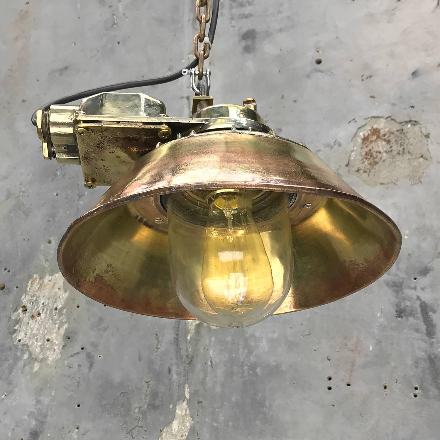 Mid-20th Century 1950s Japanese Industrial Cast Brass Pendant Light Conical Shade & Acrylic Dome For Sale