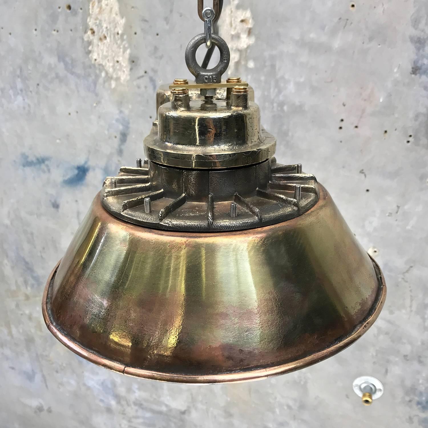 1950s Japanese Industrial Cast Brass Pendant Light Conical Shade & Acrylic Dome For Sale 1