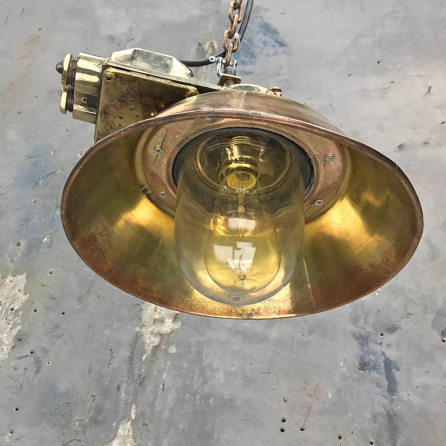 1950s Japanese Industrial Cast Brass Pendant Light Conical Shade & Acrylic Dome For Sale 2